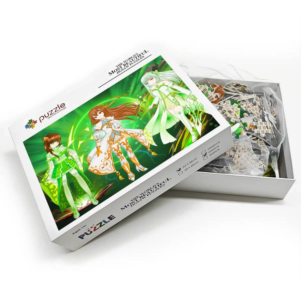 500-teiliges Holzpuzzle (horizontal) mit buntem Design und vollständig bedruckter Verpackung.