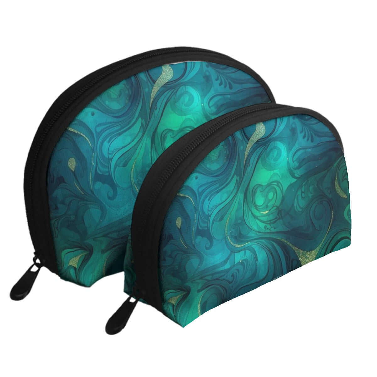 Storage Bags Set of 2 with abstract teal design, large and small sizes, polyester material, zipper closure, PU-Tragetasche für Damen style.