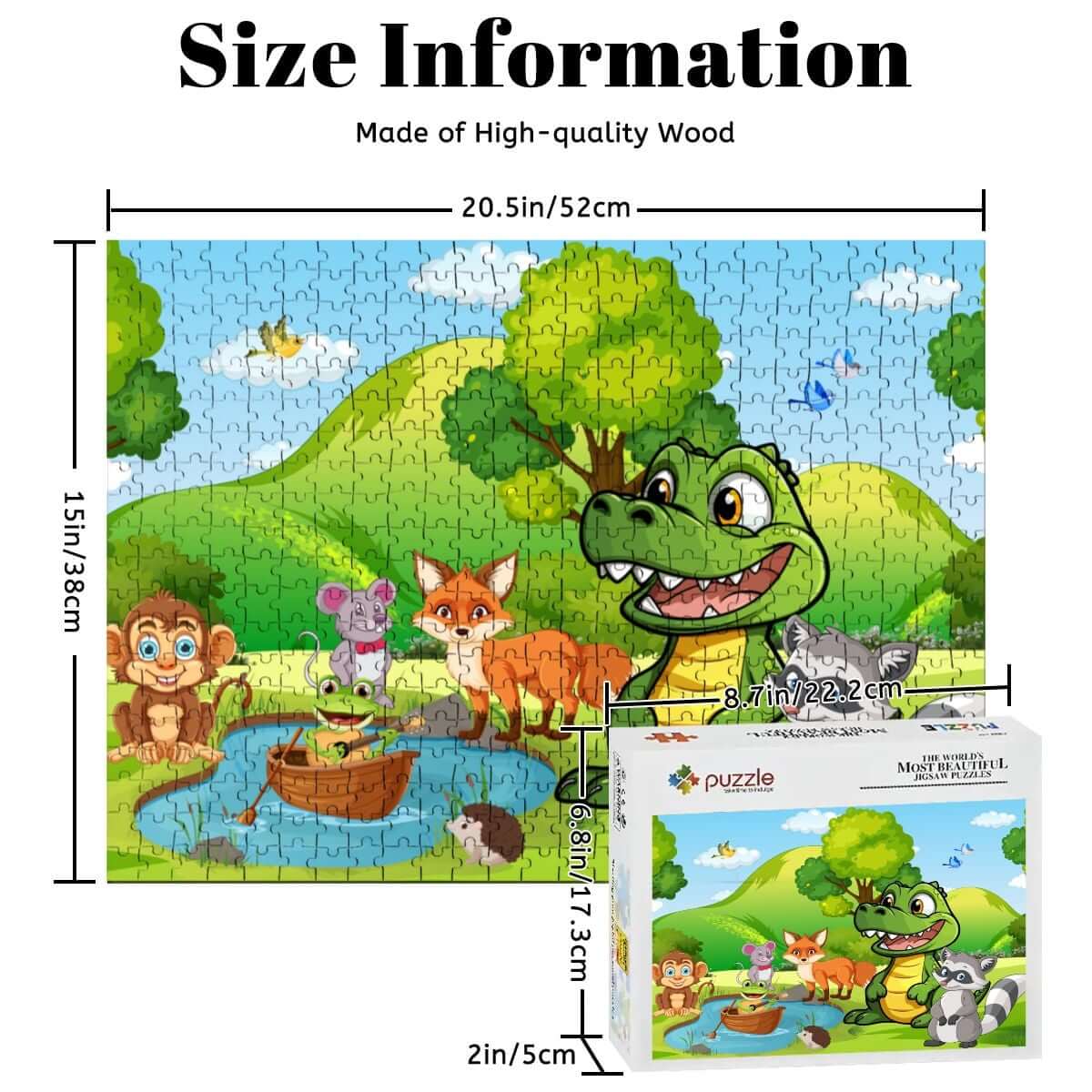 500-teiliges Holzpuzzle (horizontal) mit bunten Tieren und Landschaft, hergestellt aus hochwertigem Holz, 52 x 38 cm.