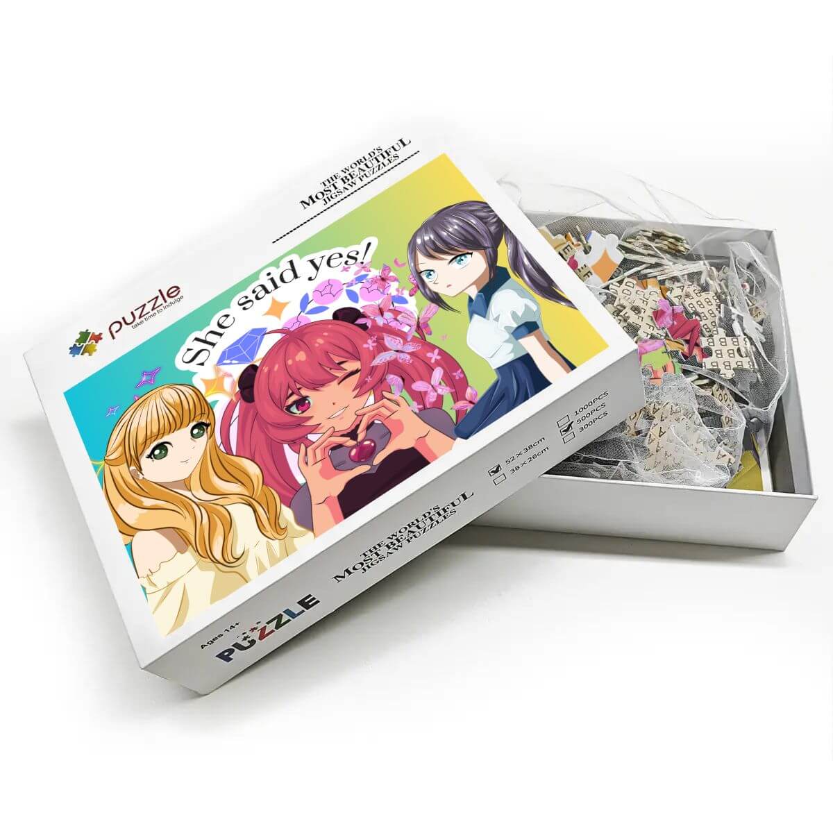 500-teiliges Holzpuzzle (horizontal) mit buntem Design und Puzzlestücken in Box.