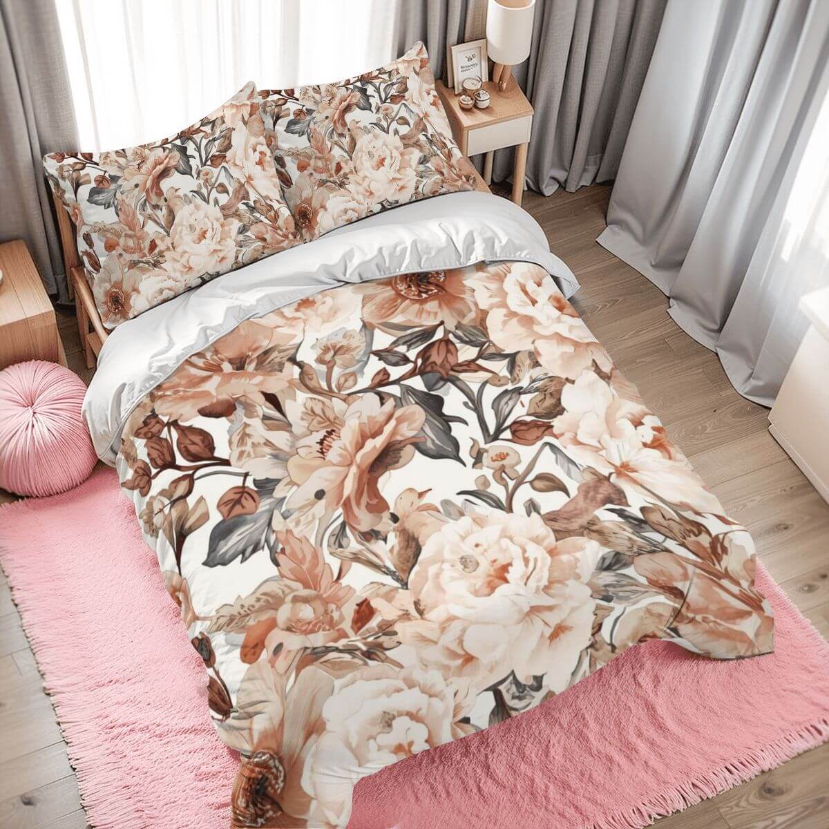 Blumenmuster komplettes Bettwäscheset aus 90GSM Polyester, inklusive Bettbezug und Kissenbezüge, auf einem rosa Teppich präsentiert.