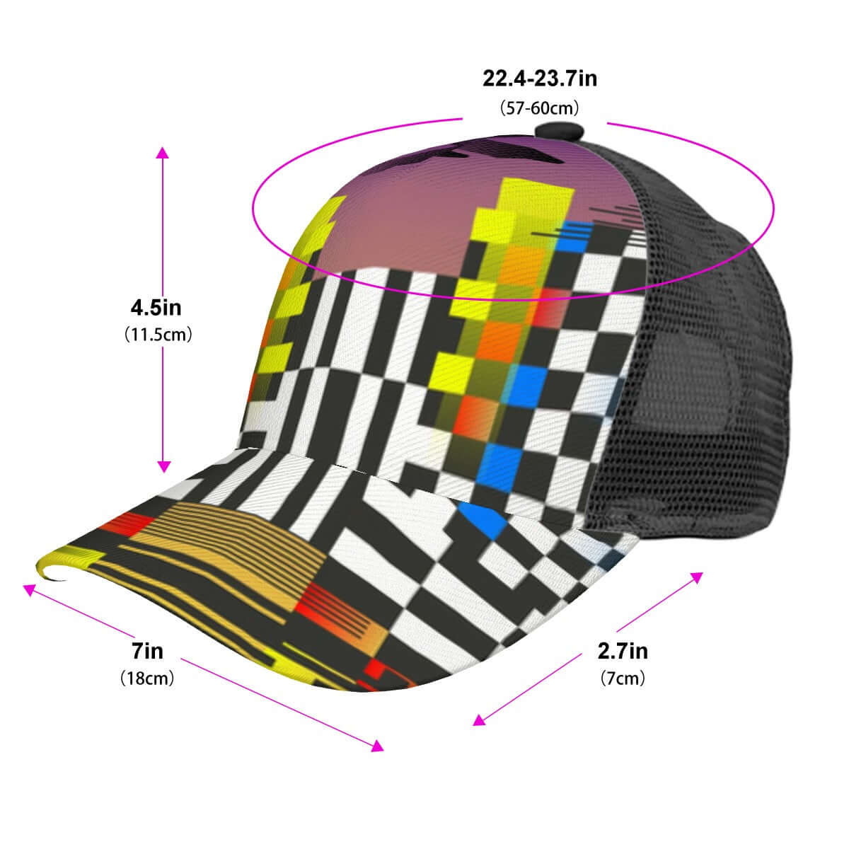 Baseballkappe mit Mesh-Einsatz aus Polyester-Twill, sublimiert, in buntem Design, Maße 22.4-23.7in Umfang, 7in Breite, 4.5in Höhe, 2.7in Schirm.