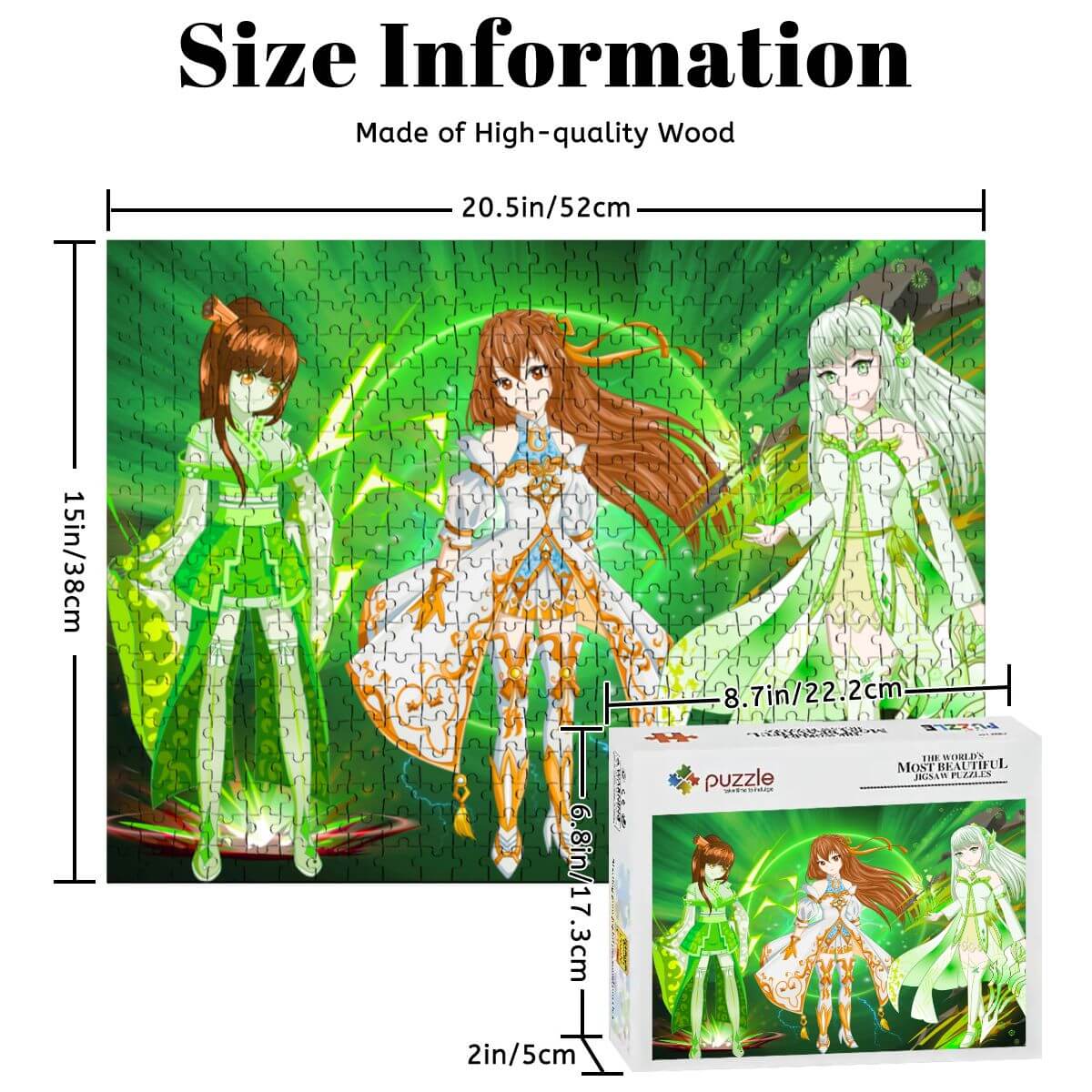 500-teiliges Holzpuzzle (horizontal) mit Charakteren in grünen Outfits, hochwertigem Holz gefertigt, 52 x 38 cm.