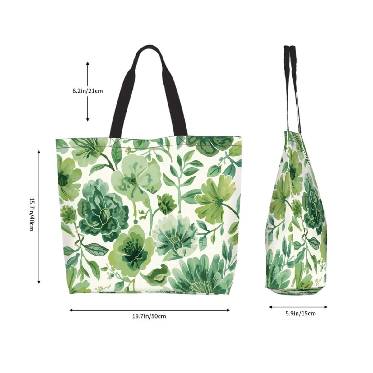 Grüne florale große Schultertasche für Damen, 100% Polyester, einseitiger Sublimationsdruck, leichte wasserdichte Handtasche, 19,7"x15,7"x5,9".