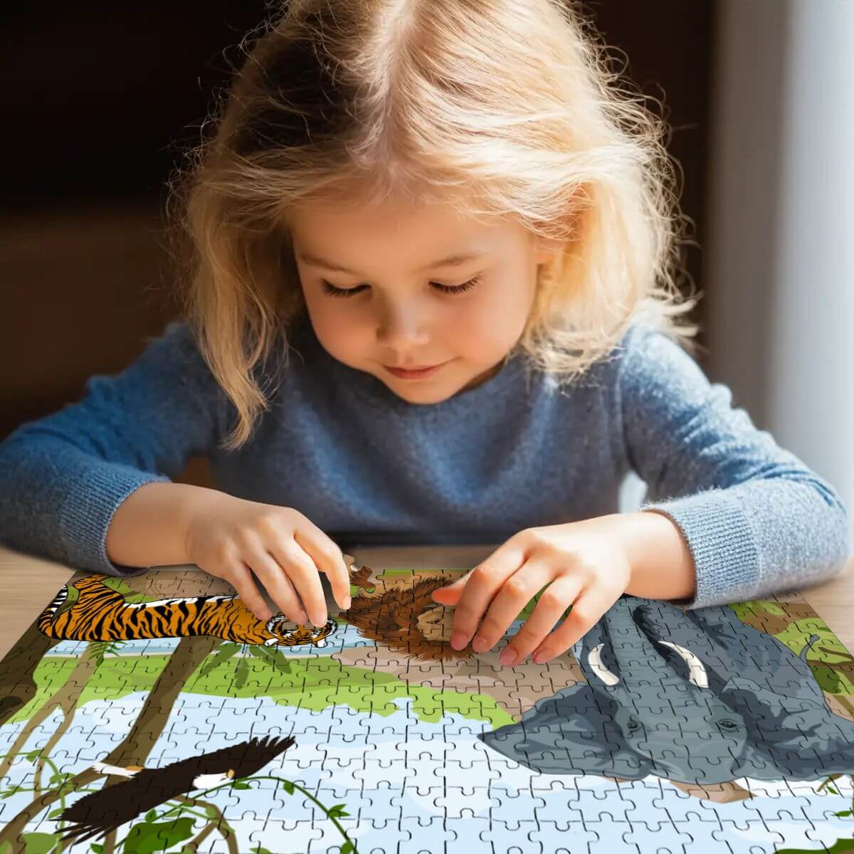 Mädchen puzzelt konzentriert mit einem 500-teiliges Holzpuzzle (horizontal) mit Tiermotiven.