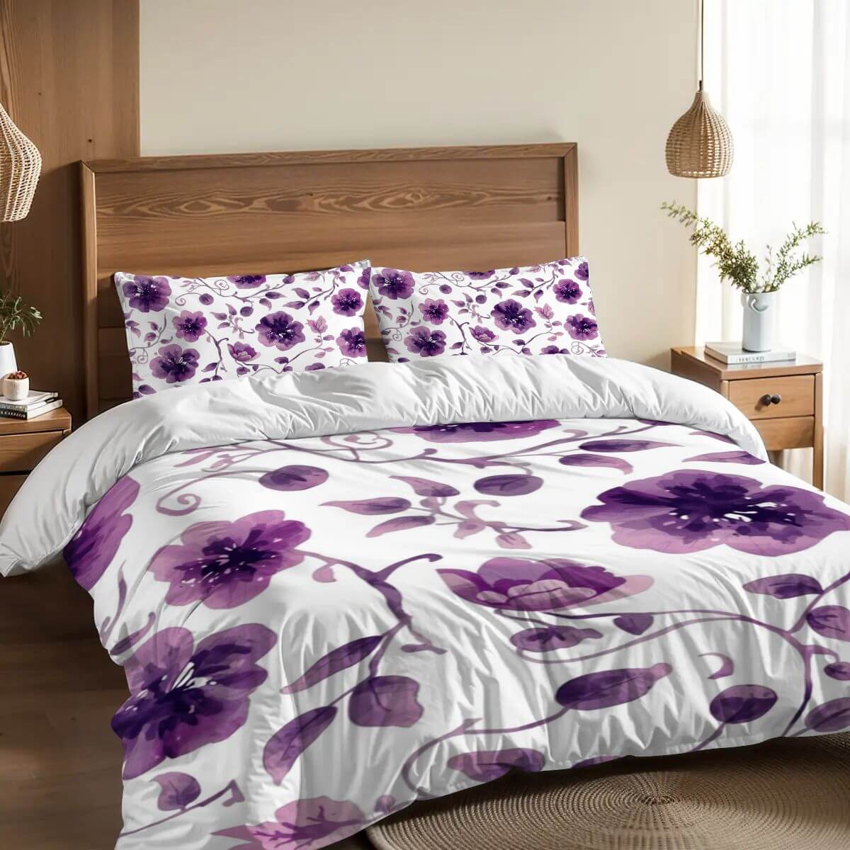 Video Komplettes Bettwäscheset in lila Blumenmuster auf Holzrahmenbett in modernem Schlafzimmer