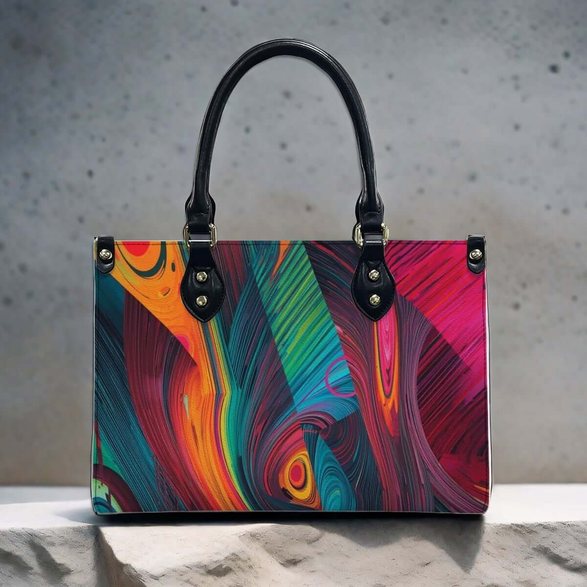 Colorful PU Tote Bag for Women with black handles and UV printed design details für PU-Tragetasche für Damen ansehen