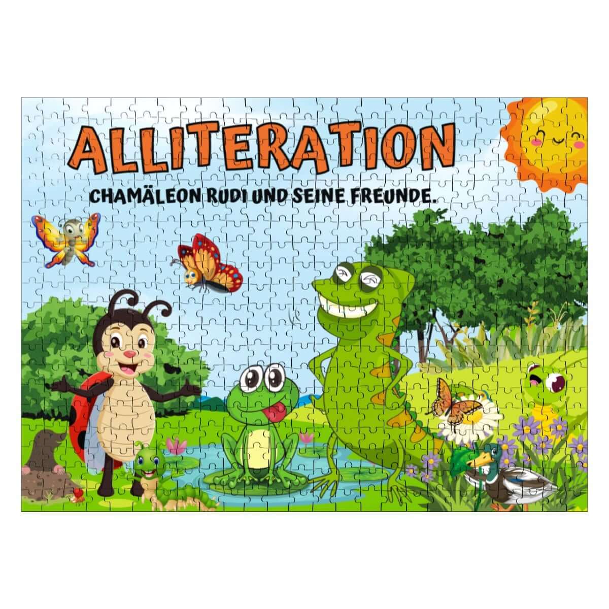 Illustration of animals in a forest on a puzzle titled &