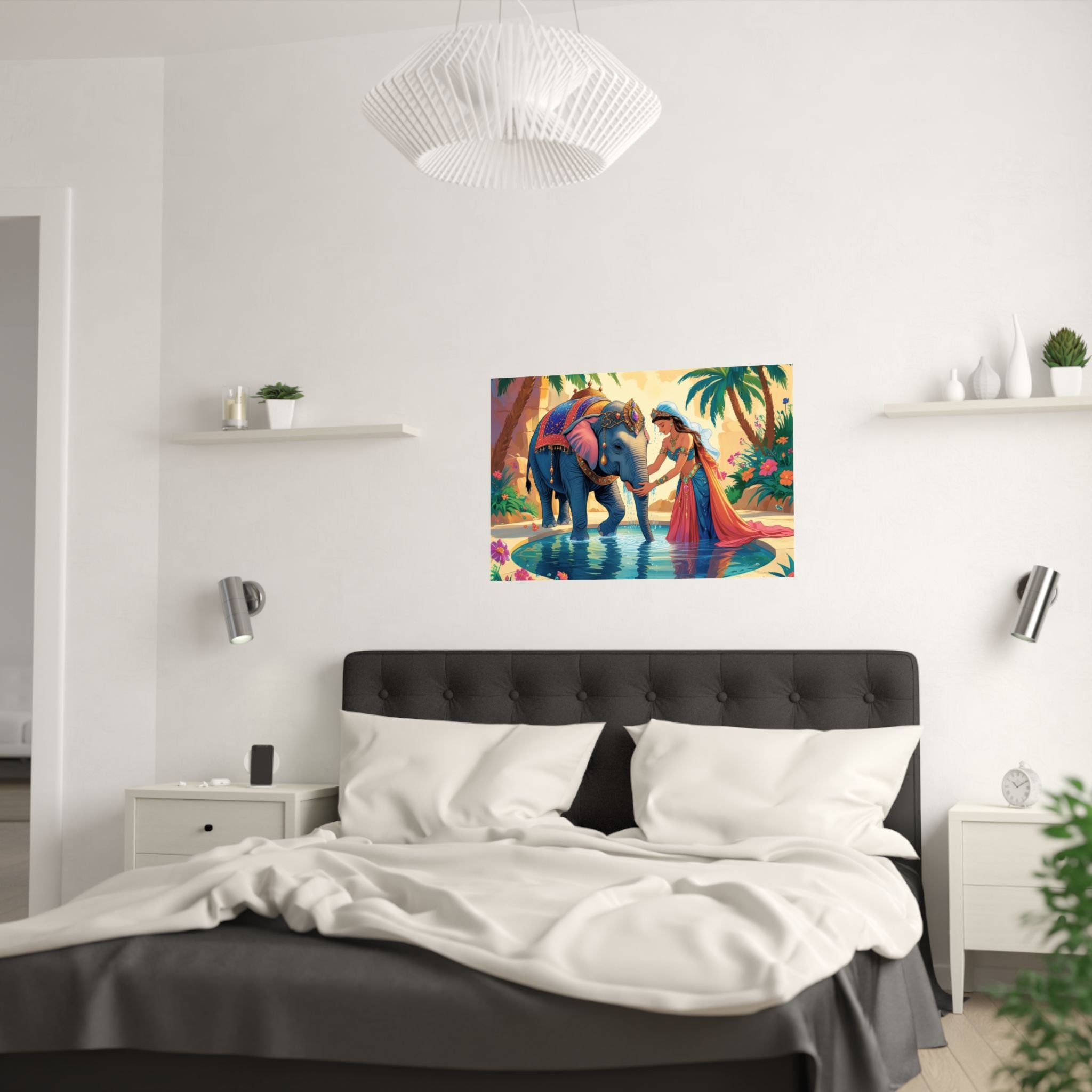 Elefant Oasis Satin Poster, exotische Wandkunst, Tropisches Wohndekor hängt über das Bett