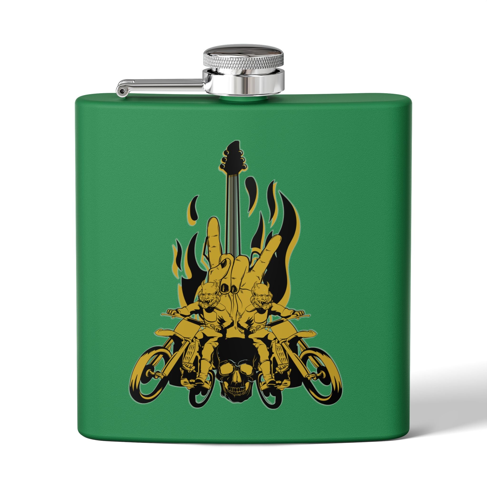 Edelstahl-Flachmann mit Rock 'n' Roll-Motiv Totenkopf- und Gitarren-Design       grün