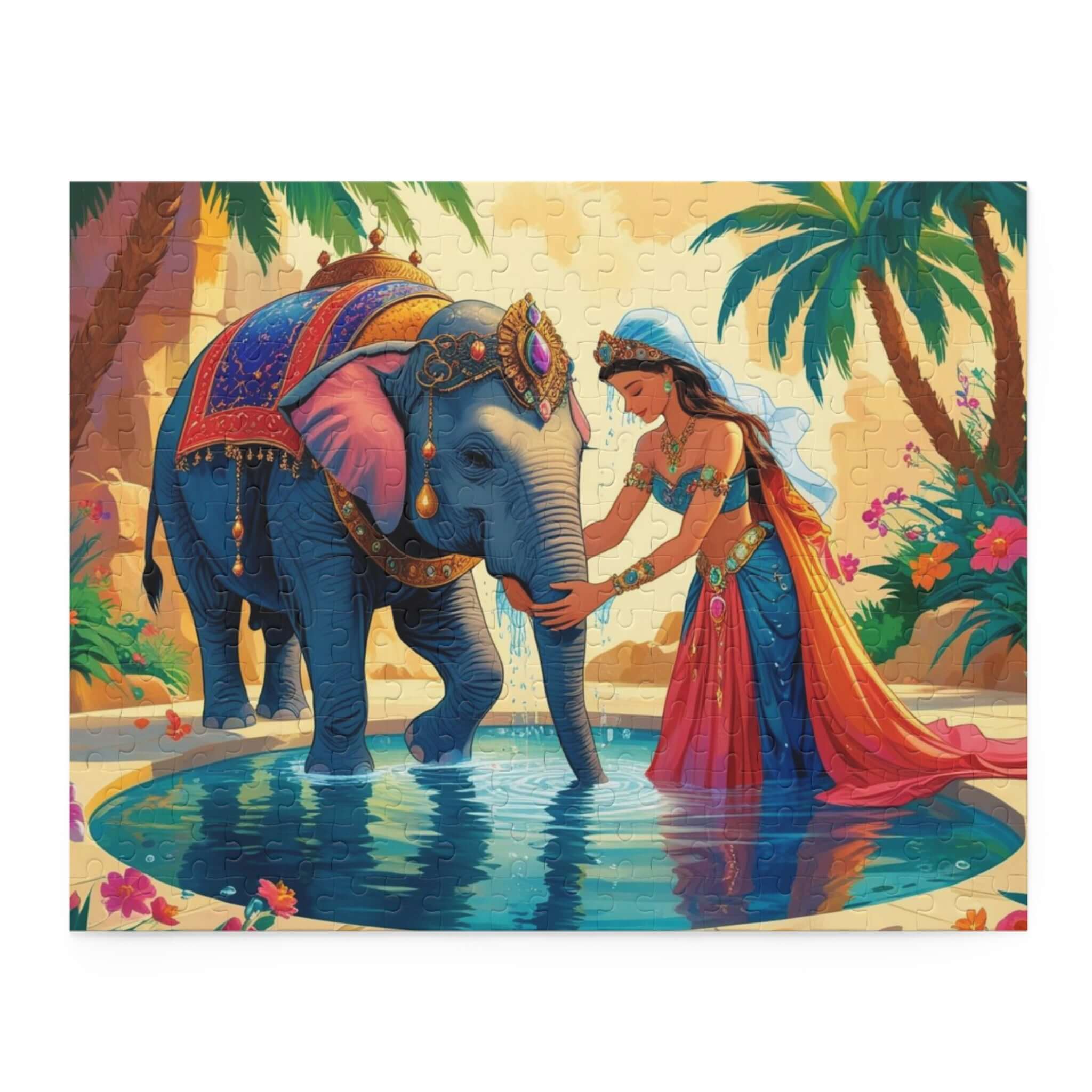 Kinderpuzzle Elefant & Prinzessin, farbenfrohes Motiv mit Prinzessin und Juwelen-elefanten an einem Teich im Licht.