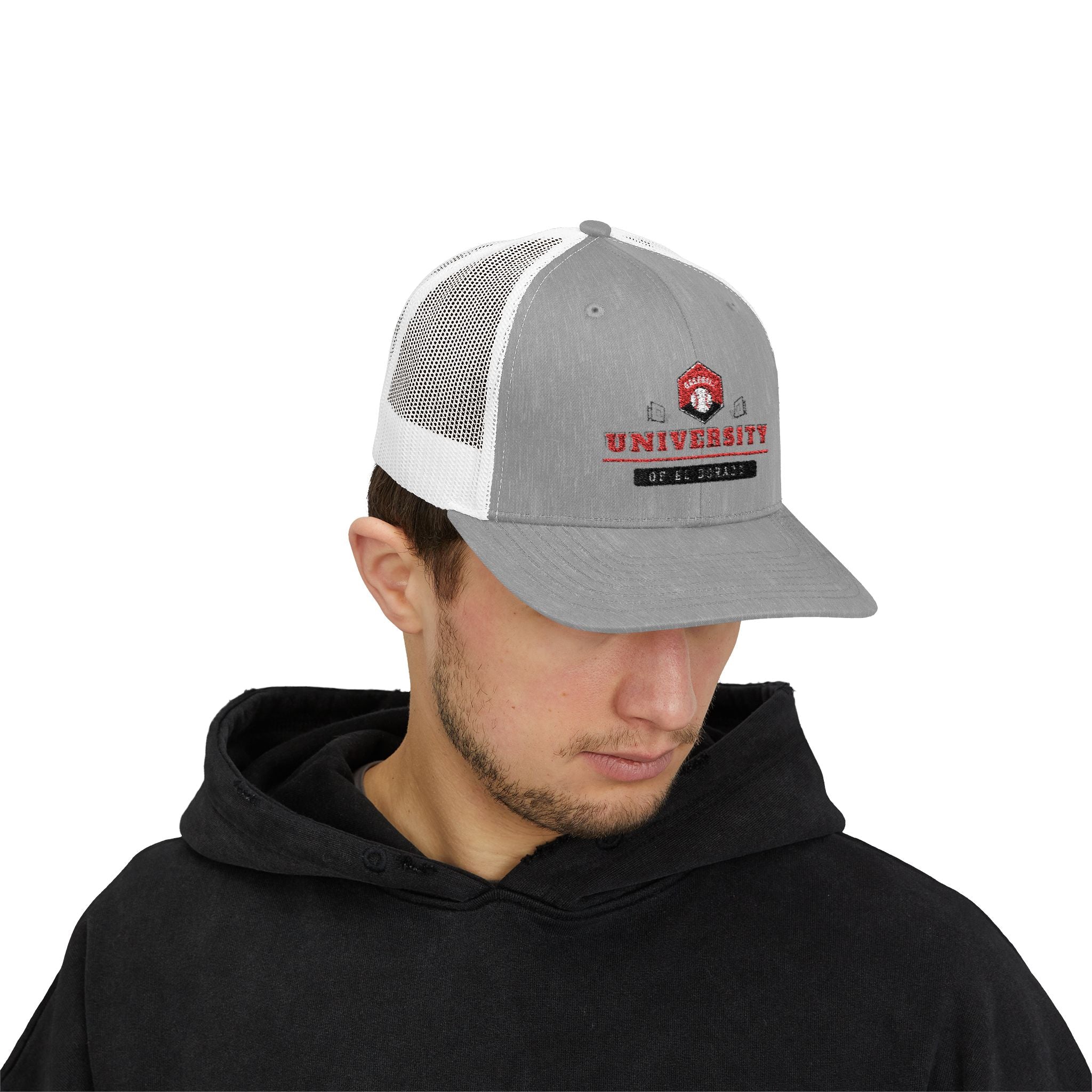 Snapback Trucker Cap weiß grau auf dem Kopf