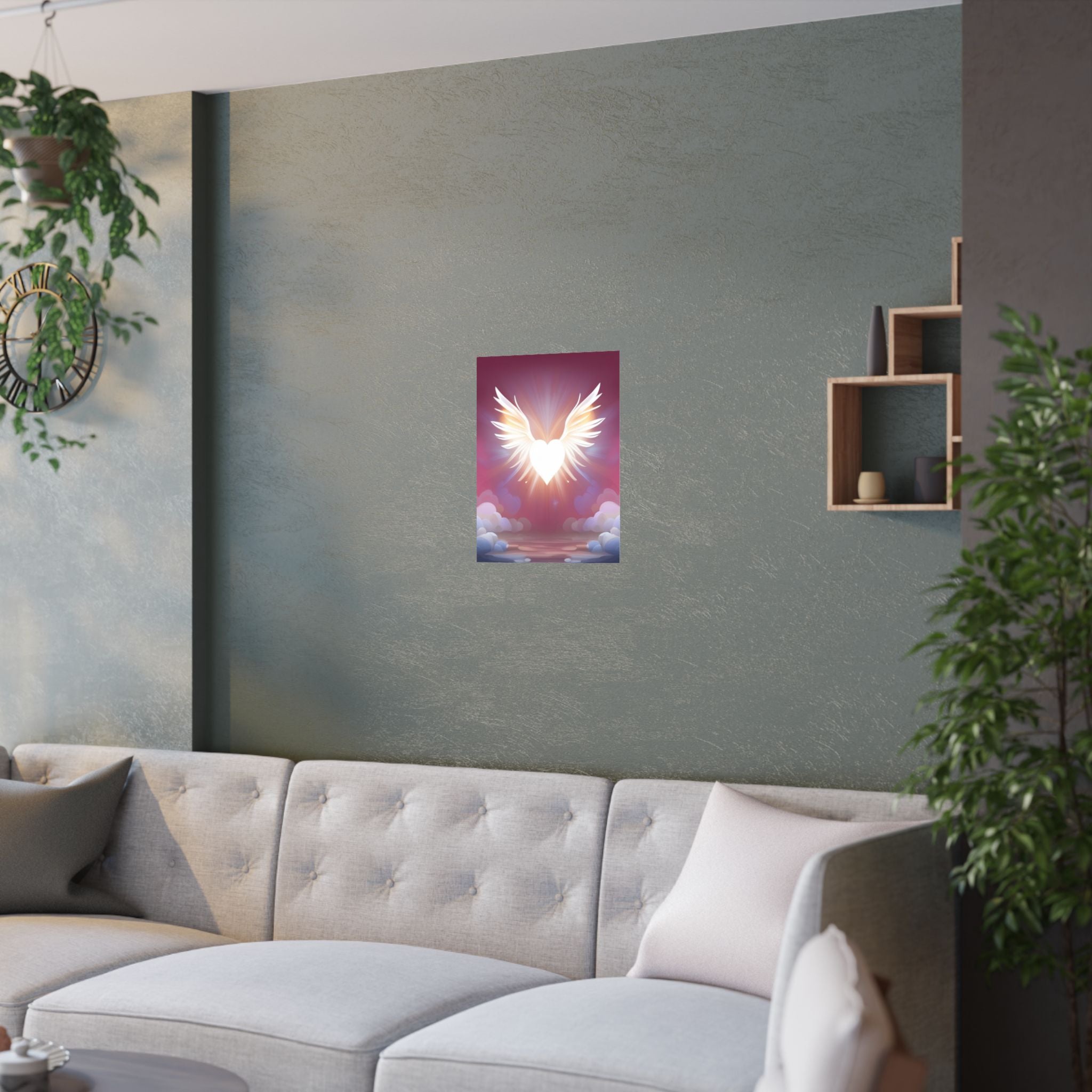 Himmlisches Herz Satin Poster, spiritueller Kunstdruck geflügelter Engel über das Sofa