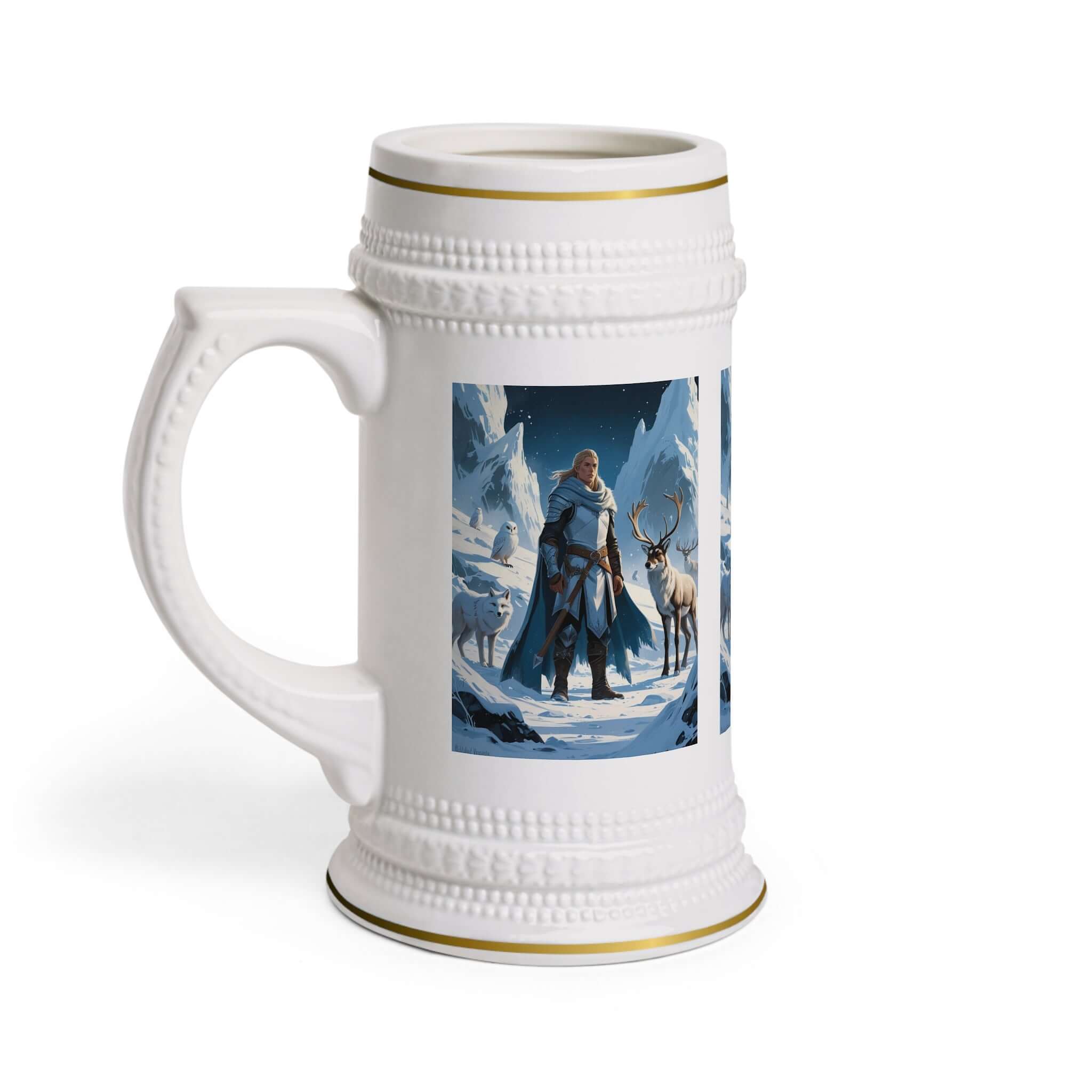 Bierkrug mit nordischem Krieger Ein Bierkrug, der nicht nur praktisch ist, sondern auch mit einem kraftvollen Motiv überzeugt. Das nordische Krieger-Design macht ihn zu einem besonderen Geschenk für Fans von Wikinger- und Fantasy-Themen. Design: Nordisch