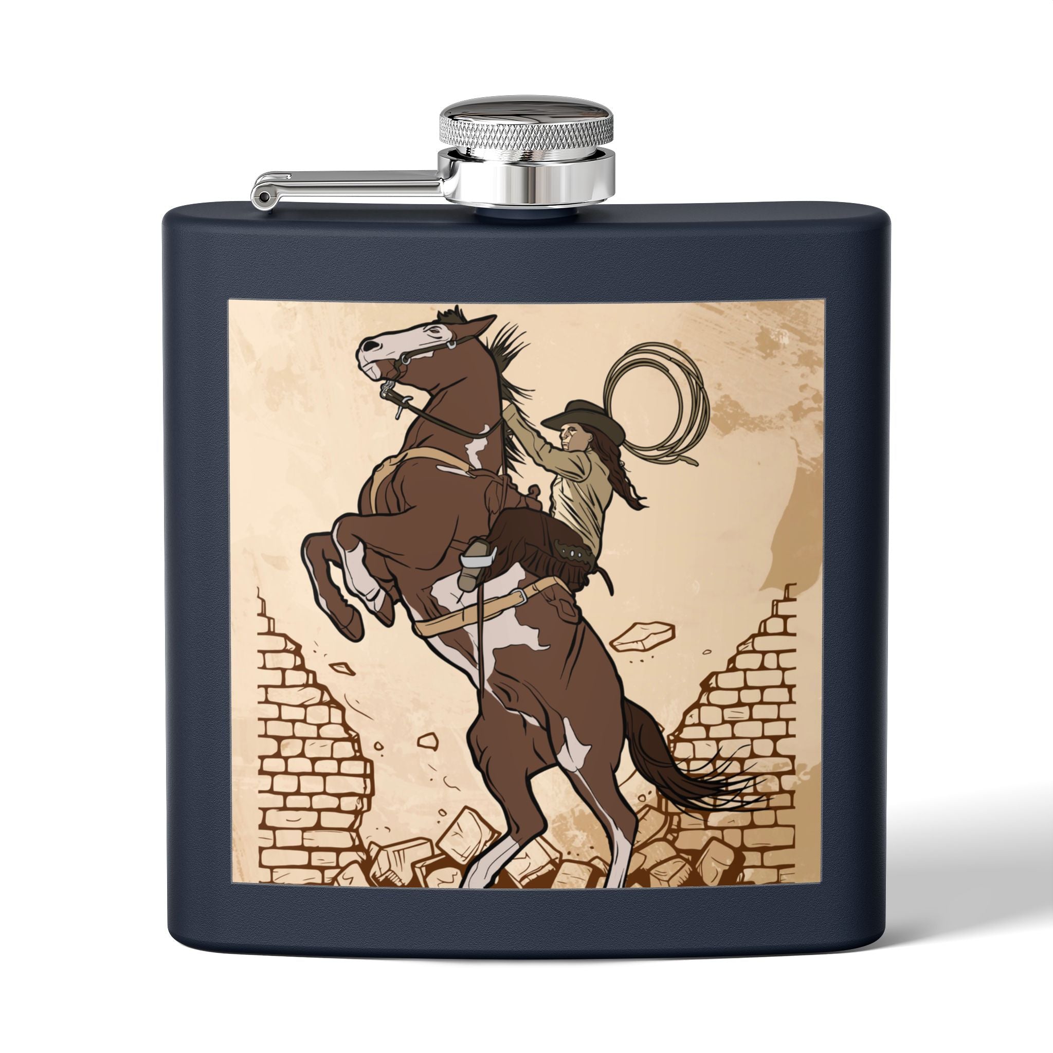 Edelstahl-Flachmann mit Cowboy-Motiv Trinkgefäß für Abenteurer dunkelblau