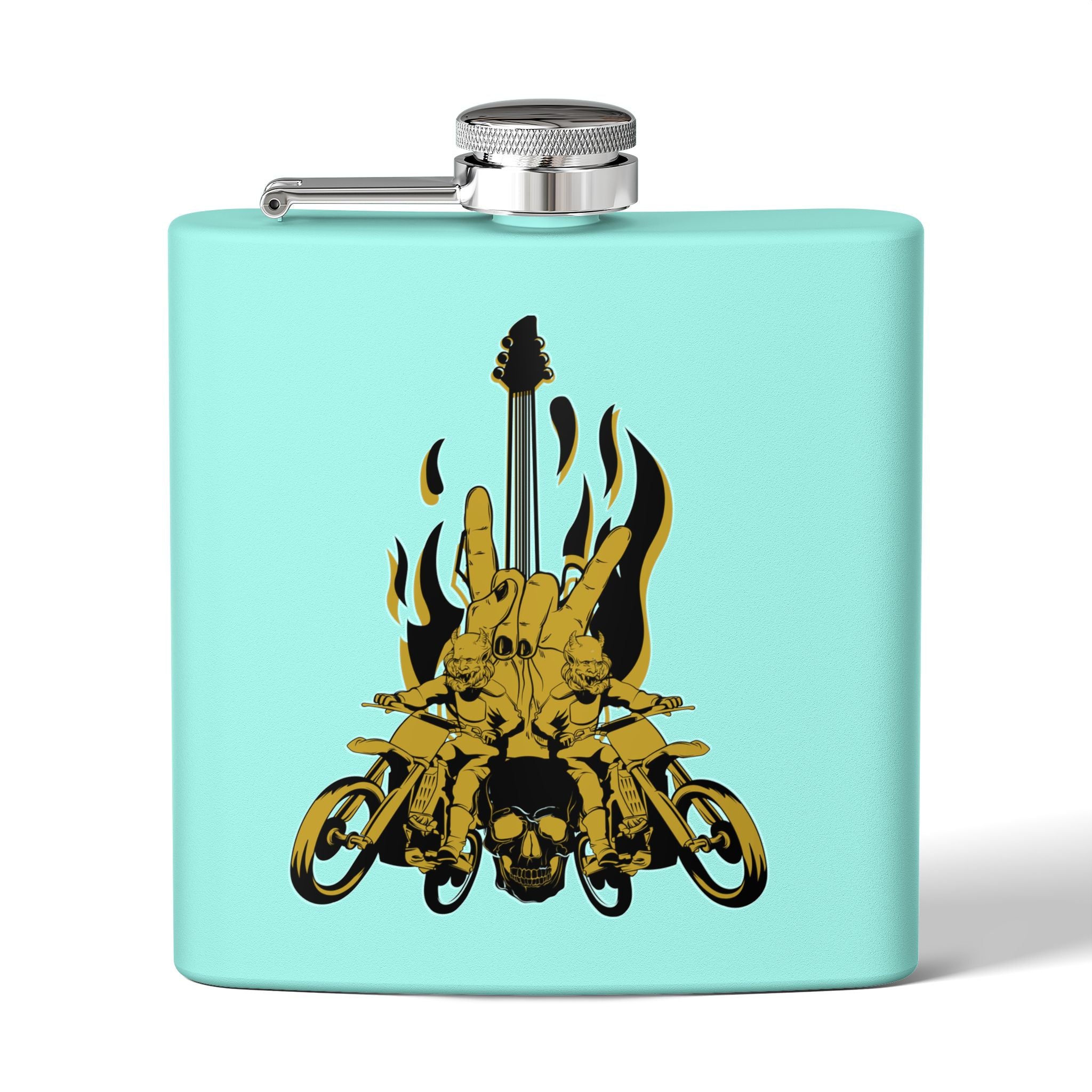 Edelstahl-Flachmann mit Rock 'n' Roll-Motiv Totenkopf- und Gitarren-Design       türkis
