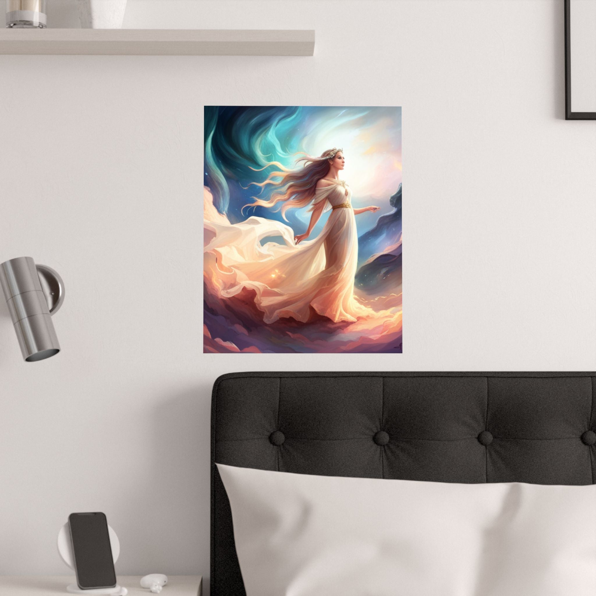 Verträumtes Satin Poster Kunstdruck, Lebendiges Wanddekor, ein Engel über das Bett