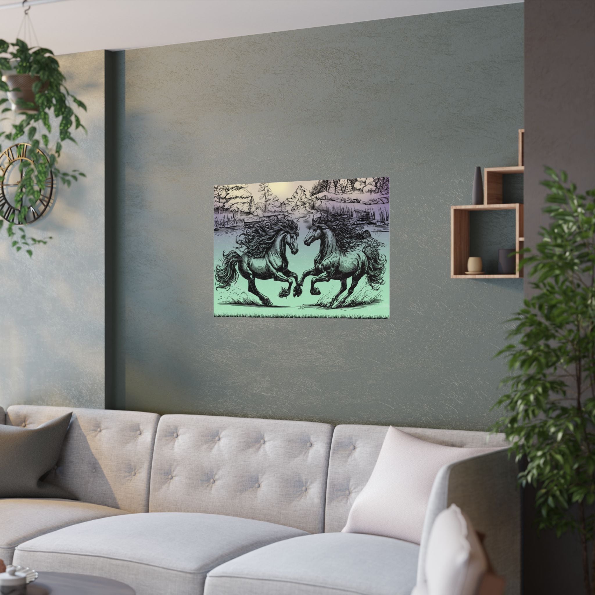 Vintage Pferde Kunst Satin Schatten Poster zwei Pferde über das Sofa