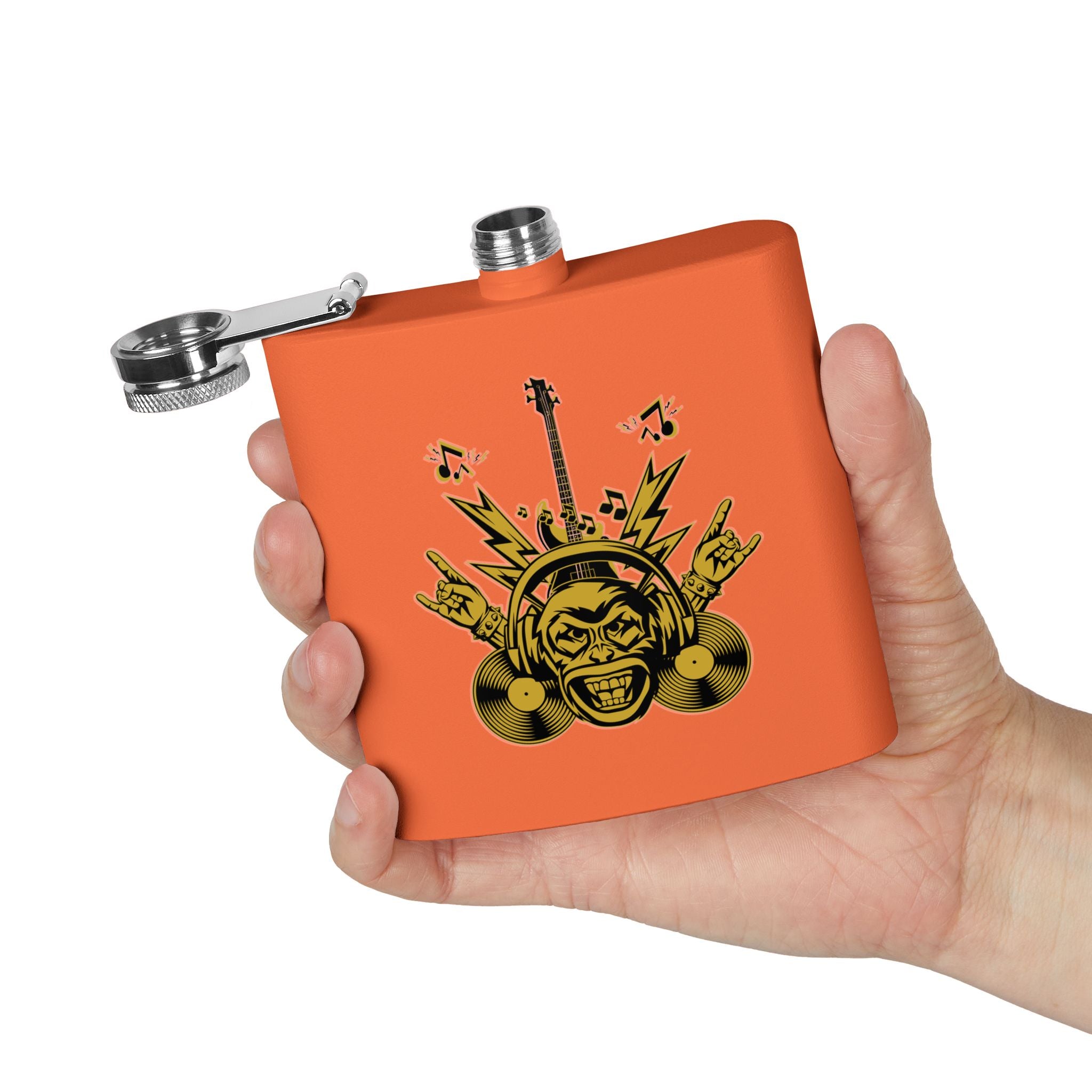 Rockin' Music Lover's Flachmann - 6oz Edelstahl-Flachmann orange in der Hand