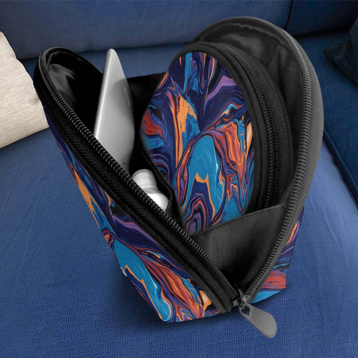 Storage Bags Set of 2 with abstract design, large capacity, open on a blue couch displaying built-in compartments, suitable for PU-Tragetasche für Damen.