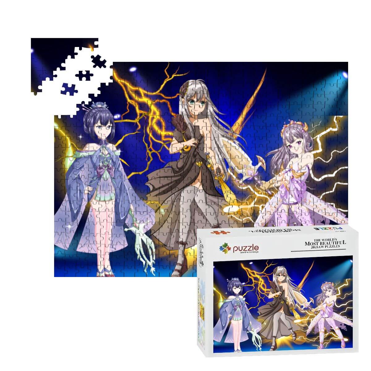 500-teiliges Holzpuzzle (horizontal) mit bunten Charakteren und Puzzle-Verpackung, aufregendes Puzzelerlebnis.