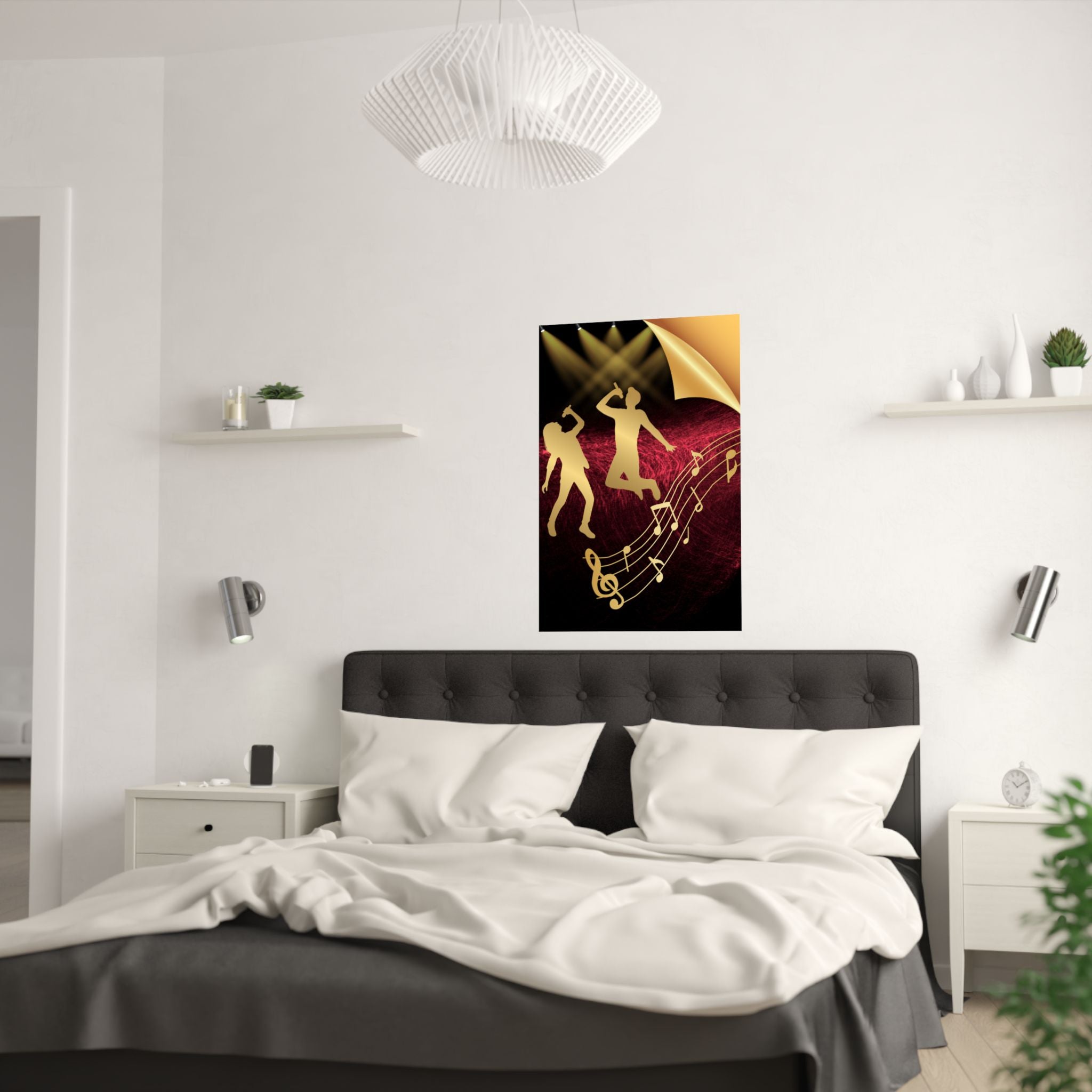 Lebendige Satin-Poster für Musikliebhaber – Perfekte Wandkunst mit ein Goldenes Design hängt über das Bett