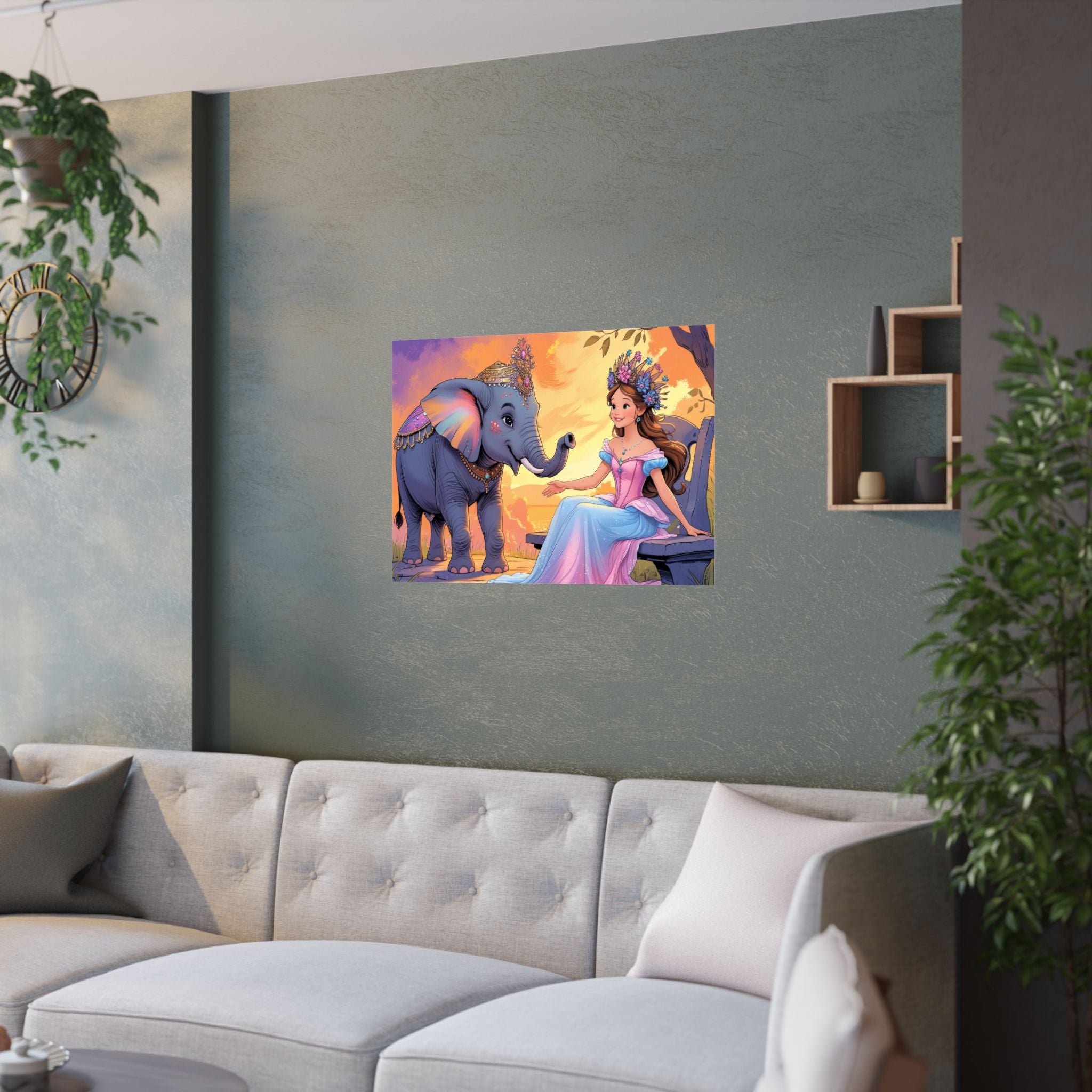 Skurriler Wandkunstdruck, Satinposter für das Kinderzimmer mit einer Prinzessin und ein Elefant