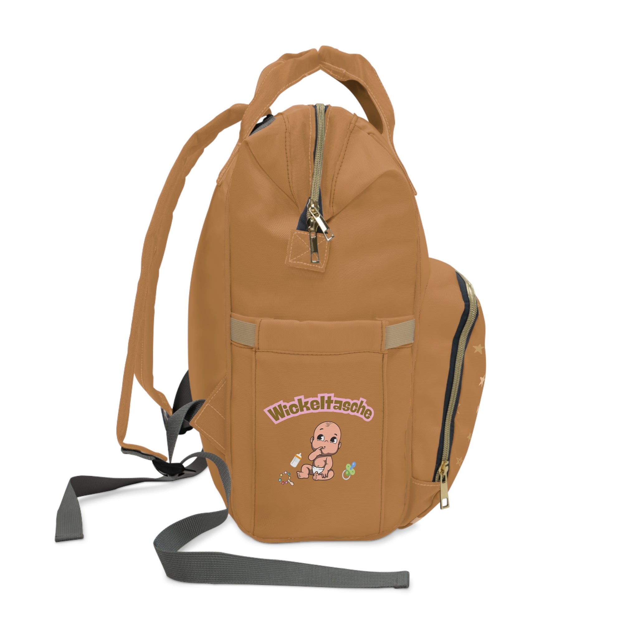 Stylischer multifunktionaler Wickelrucksack  mit ein Baby Design und Sterne in Hellbraun Seitenansicht mit Tasche