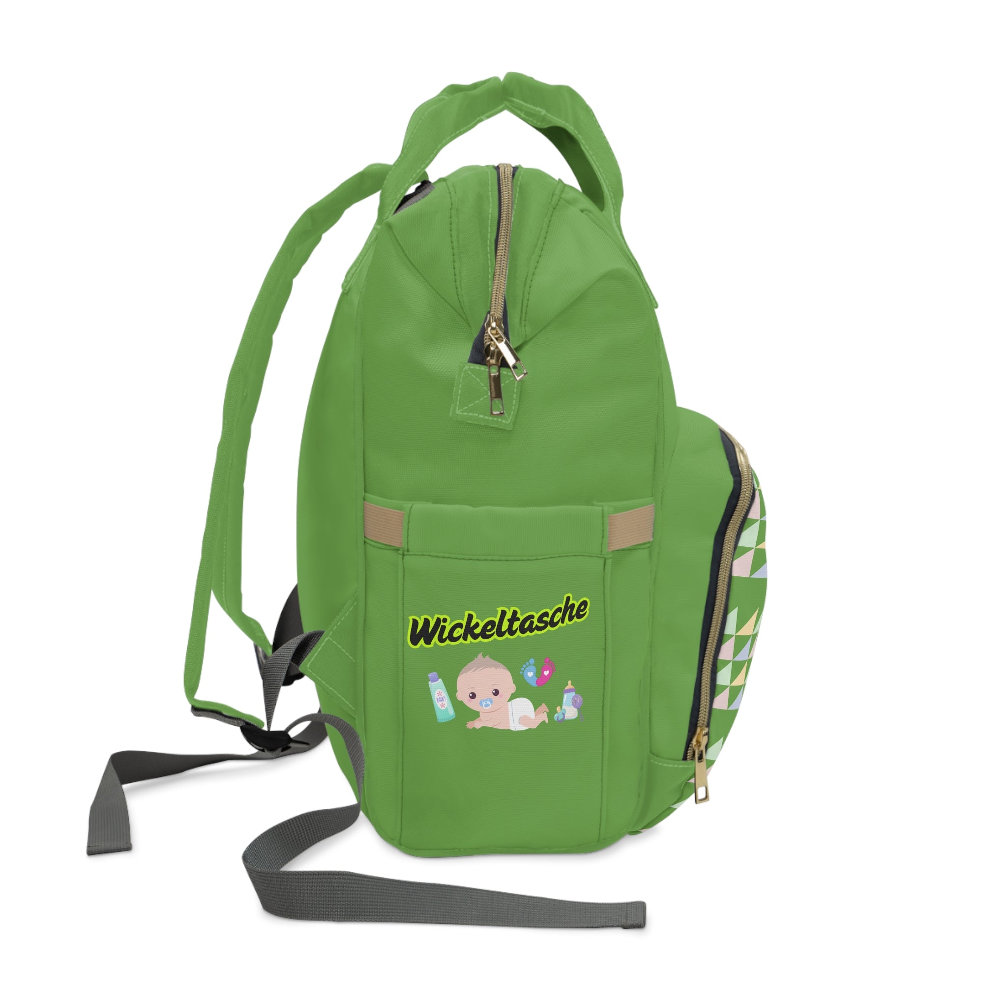 Bunter multifunktionaler Wickelrucksack für Eltern ideal für die Babypflege grün Seitenansicht