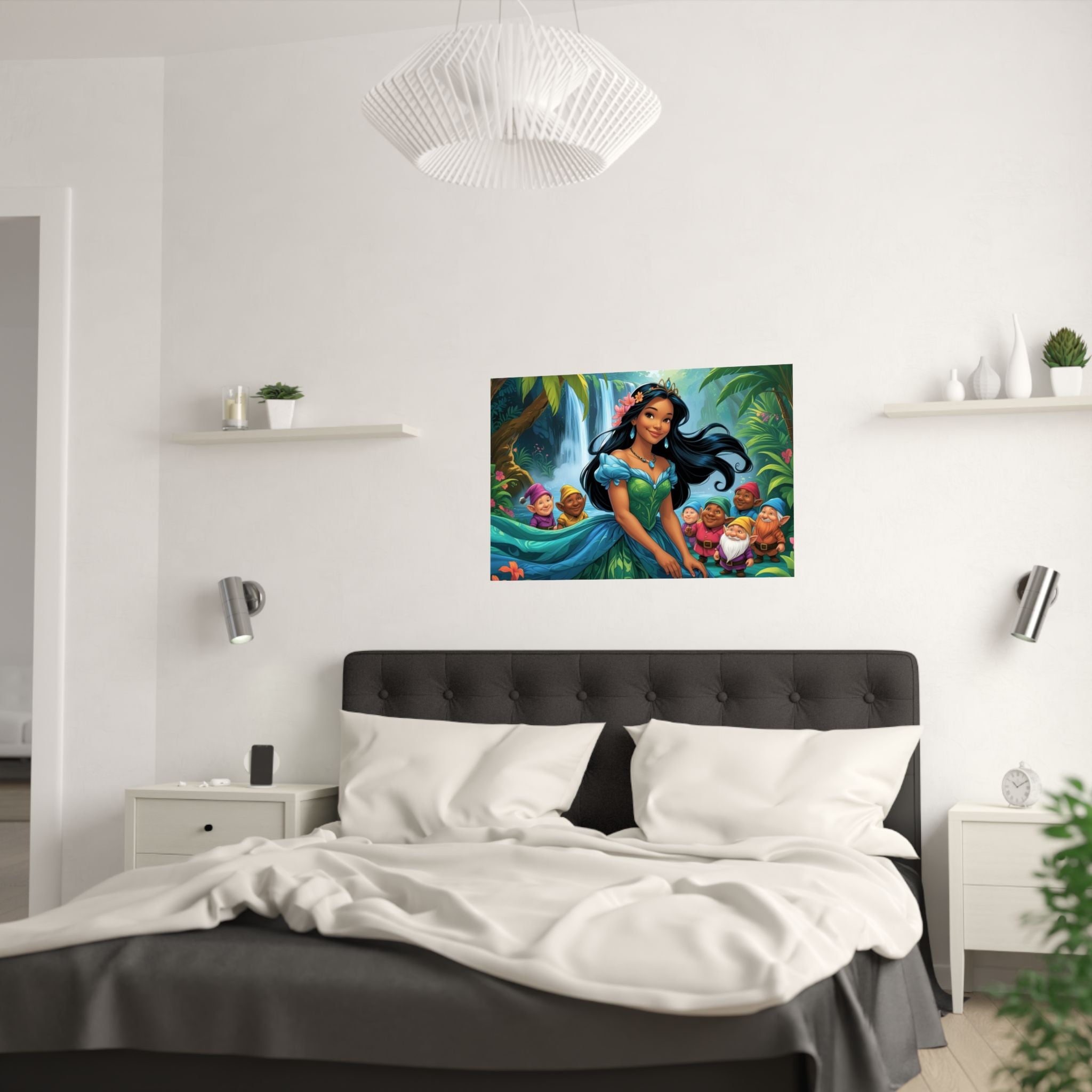 Zauberhaftes Satin-Poster-Dekor – Fantasy-Kunstwerk ein e Prinzessin i und Zwerge am Wasserfall über das Bett