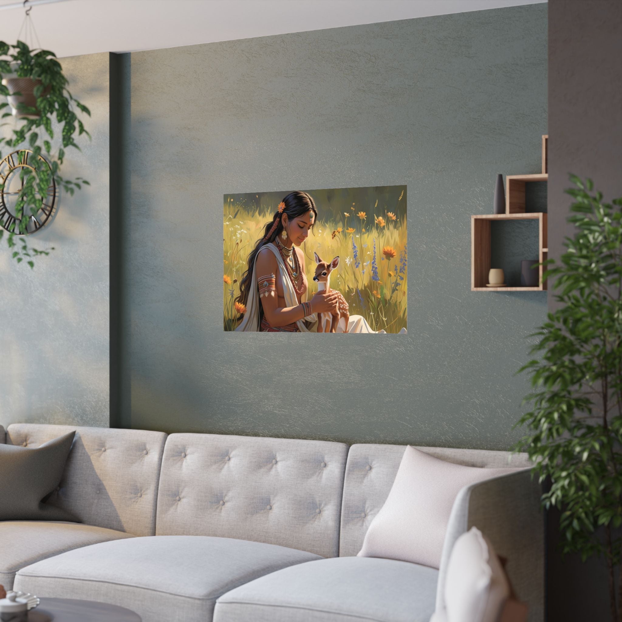 Elegante, von der Natur inspirierte Satin-Poster, Boho-Wandkunst hängt über das