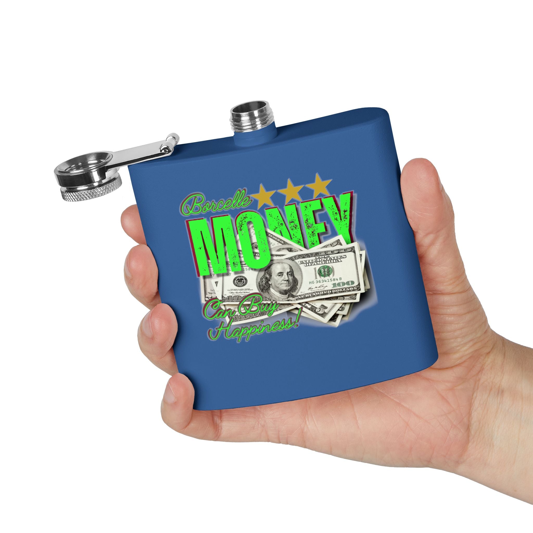 Edelstahl-Flachmann – 170 ml – perfektes Geschenk mit ein Geldscheine Design in Blau  n der Hand