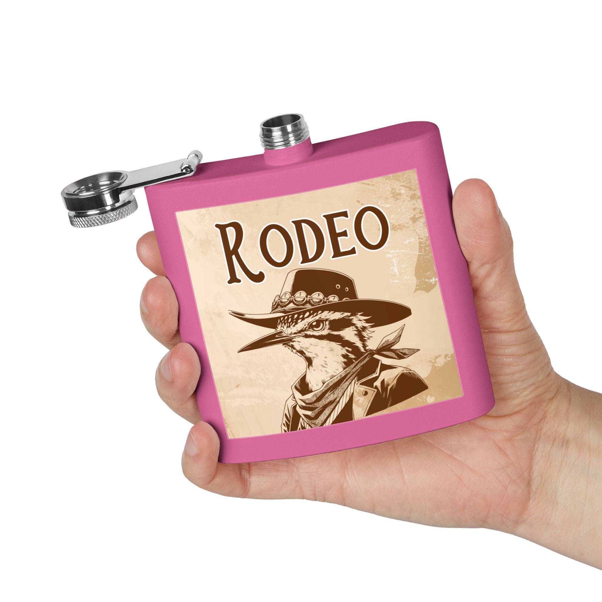 Rodeo-Flachmann aus Edelstahl Cowboy-Geschenk pink  in der Hand