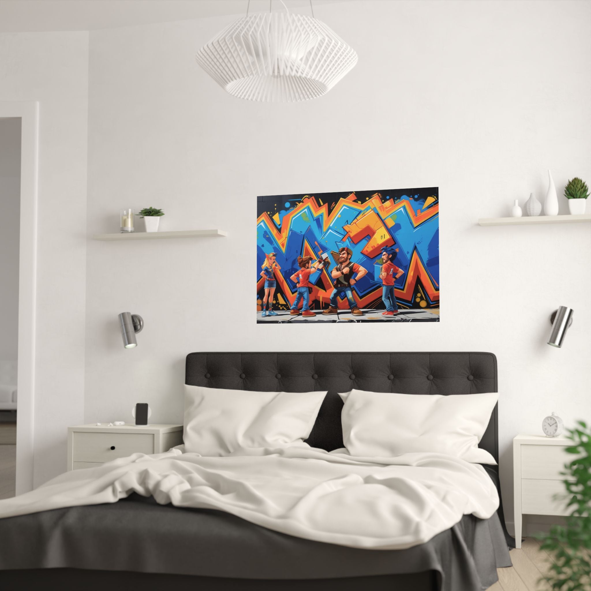 Lebendiger Satin-Wandkunstdruck, Poster im Graffiti-Stil für Gamer über  das Bett