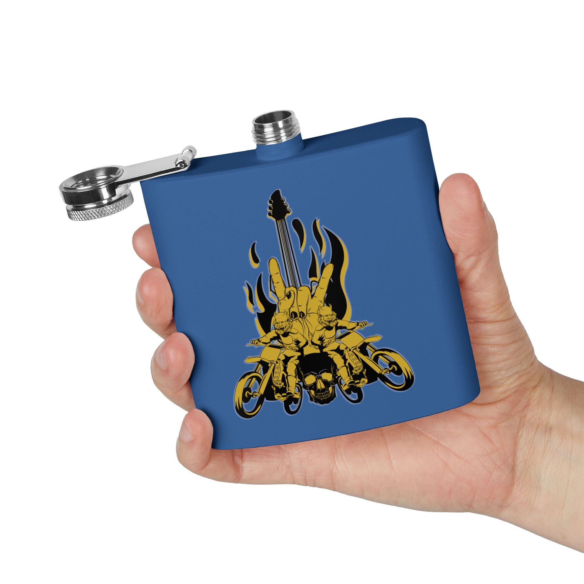 Edelstahl-Flachmann mit Rock 'n' Roll-Motiv Totenkopf- und Gitarren-Design     royal in der Hand