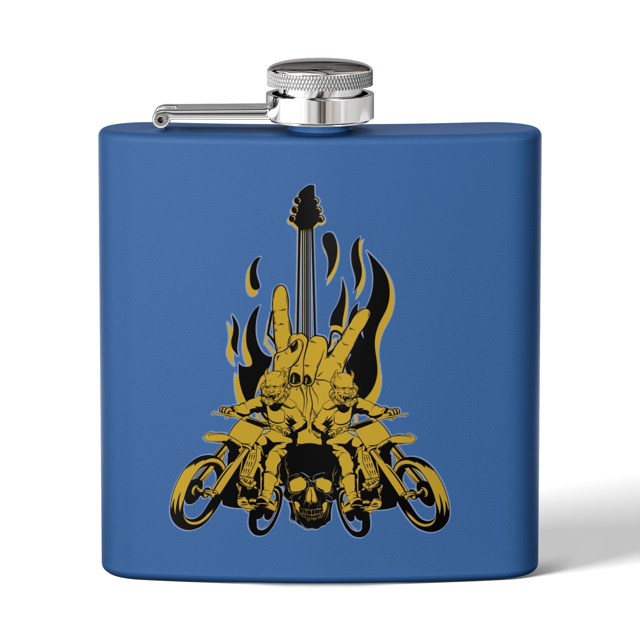 Edelstahl-Flachmann mit Rock 'n' Roll-Motiv Totenkopf- und Gitarren-Design      royal