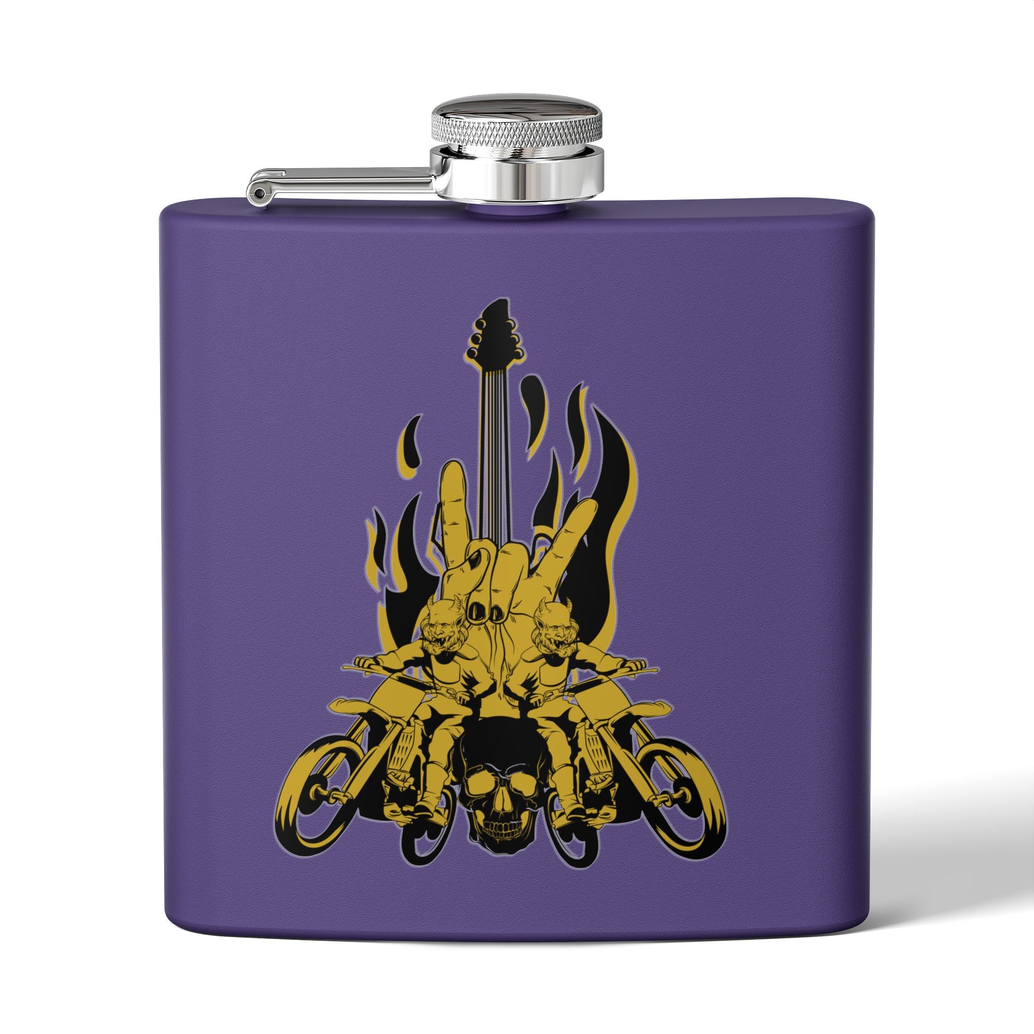 Edelstahl-Flachmann mit Rock 'n' Roll-Motiv Totenkopf- und Gitarren-Design      lila