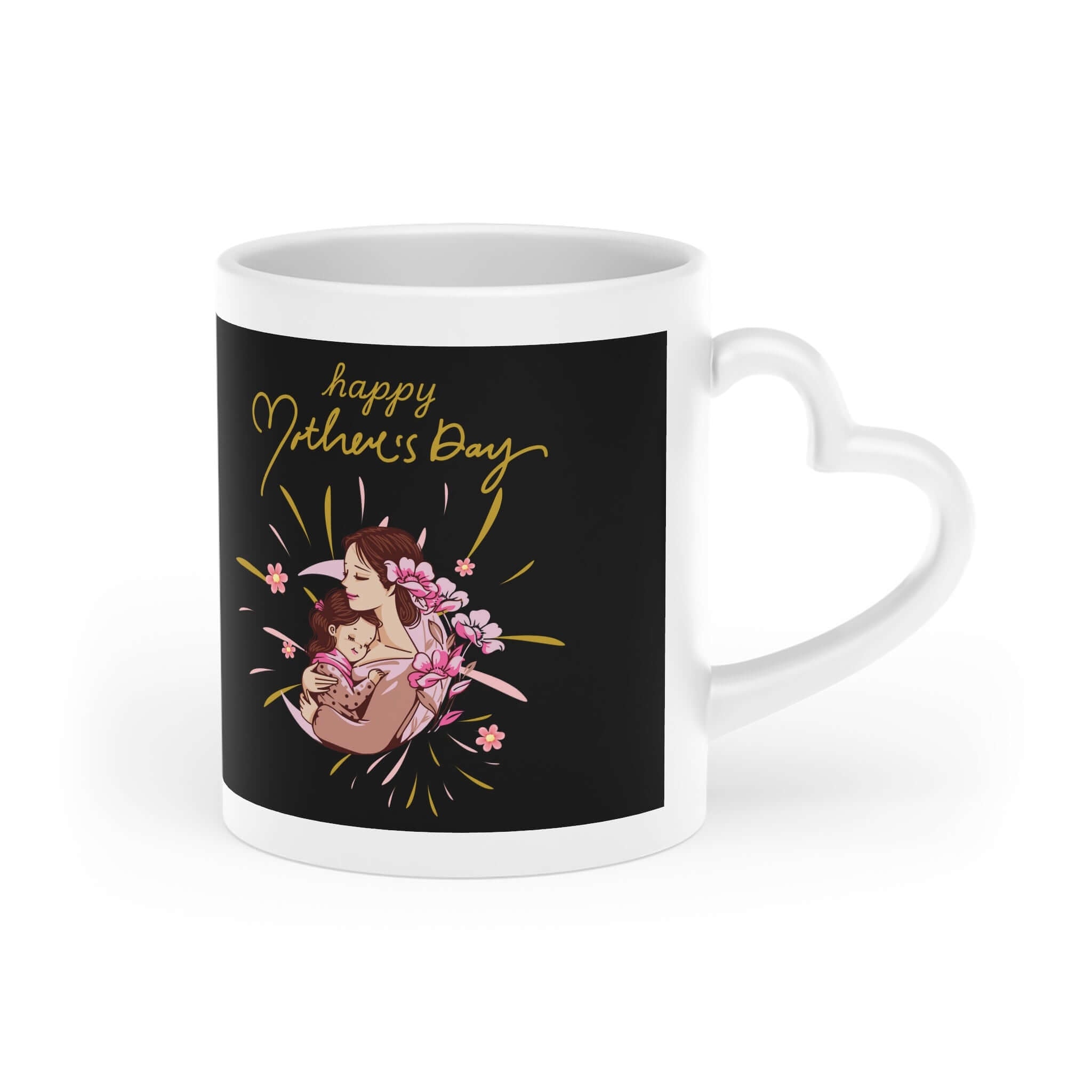Herzförmige Henkeltasse mit ein Liebesmotiv, florales Design auf schwarzem Hintergrund, geeignet für Muttertag, Details ansehen.