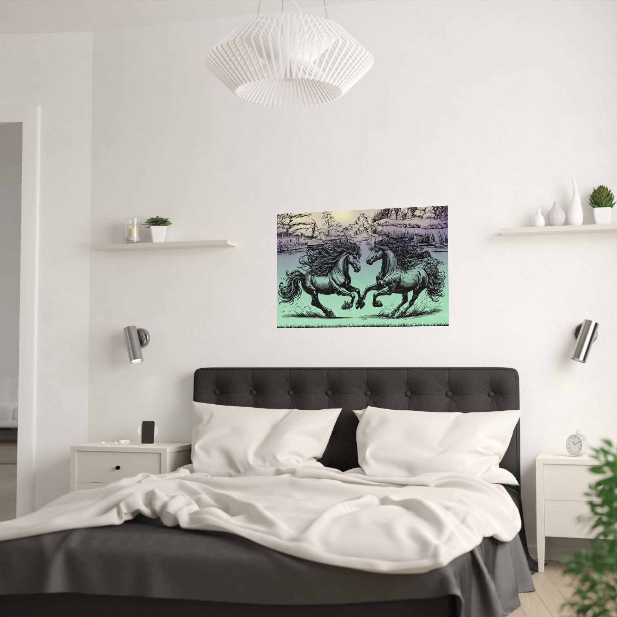 Vintage Pferde Kunst Satin Schatten Poster zwei Pferde über das Bett