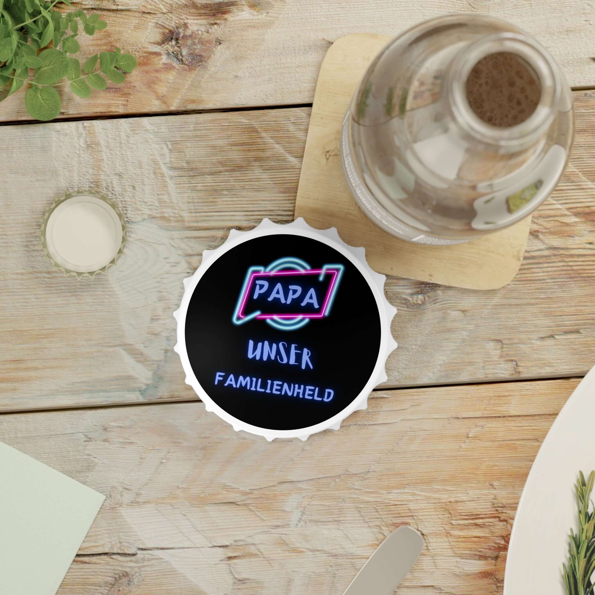 Flaschenöffner – „Papa Unser Familienheld“ Ein Flaschenöffner, der nicht nur praktisch ist, sondern auch eine liebevolle Botschaft vermittelt. Mit dem Spruch „Papa Unser Familienheld“ wird er zum perfekten Geschenk, das Wertschätzung und Humor vereint. D