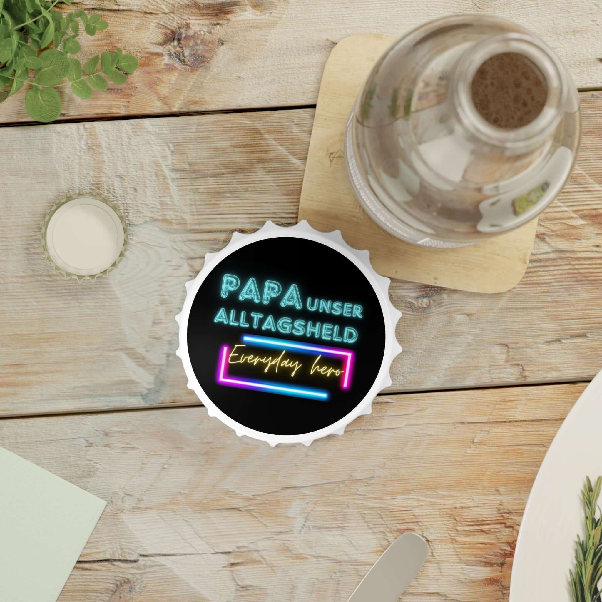 Flaschenöffner – „Papa Unser Alltagsheld“ Ein Flaschenöffner, der nicht nur praktisch ist, sondern auch eine liebevolle Botschaft vermittelt. Mit dem Spruch „Papa Unser Alltagsheld“ wird er zum perfekten Geschenk, das Wertschätzung und Humor vereint. Des