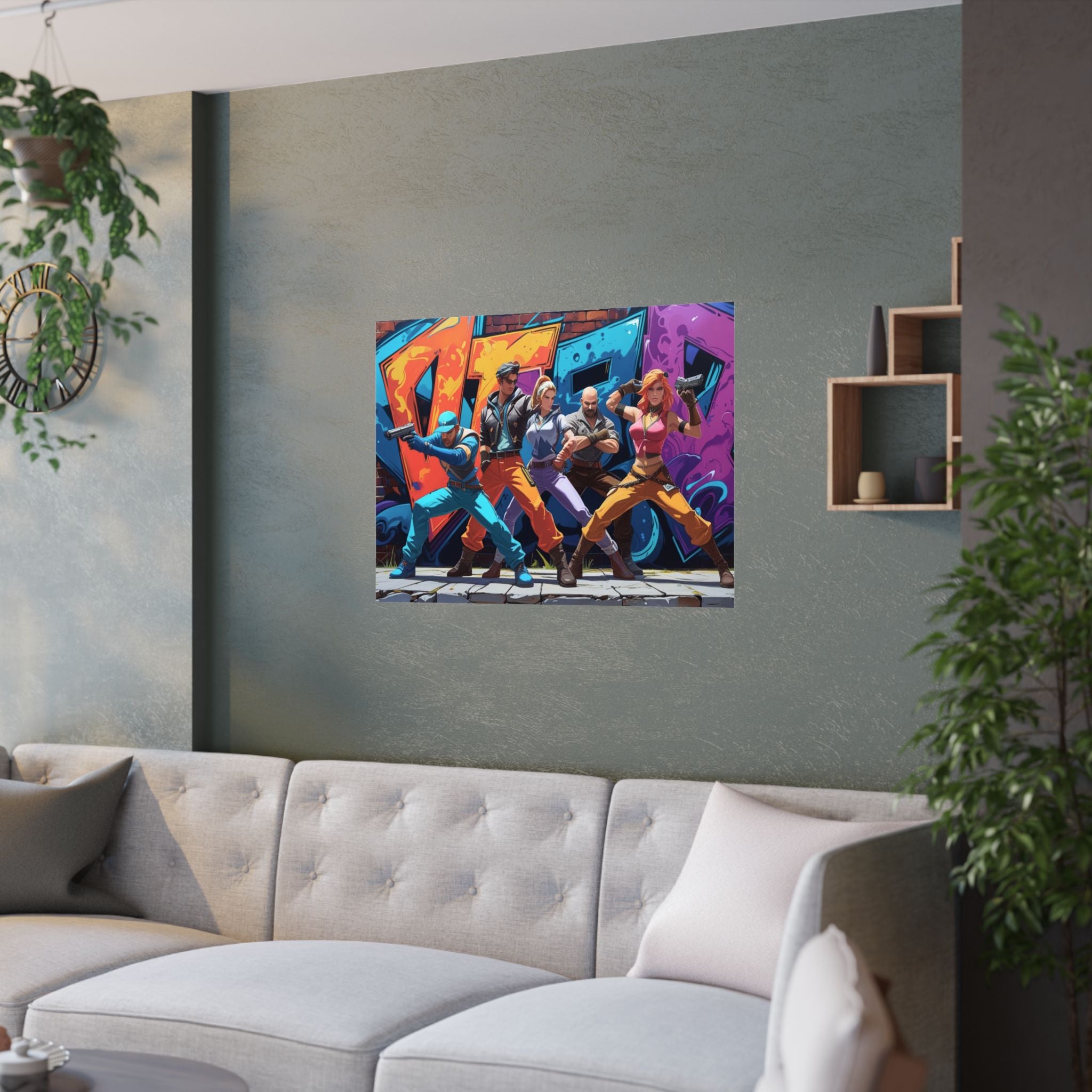 Lebendiger Satin-Wandkunstdruck, Poster im Graffiti-Stil für Gamer  hängt über das Sofa