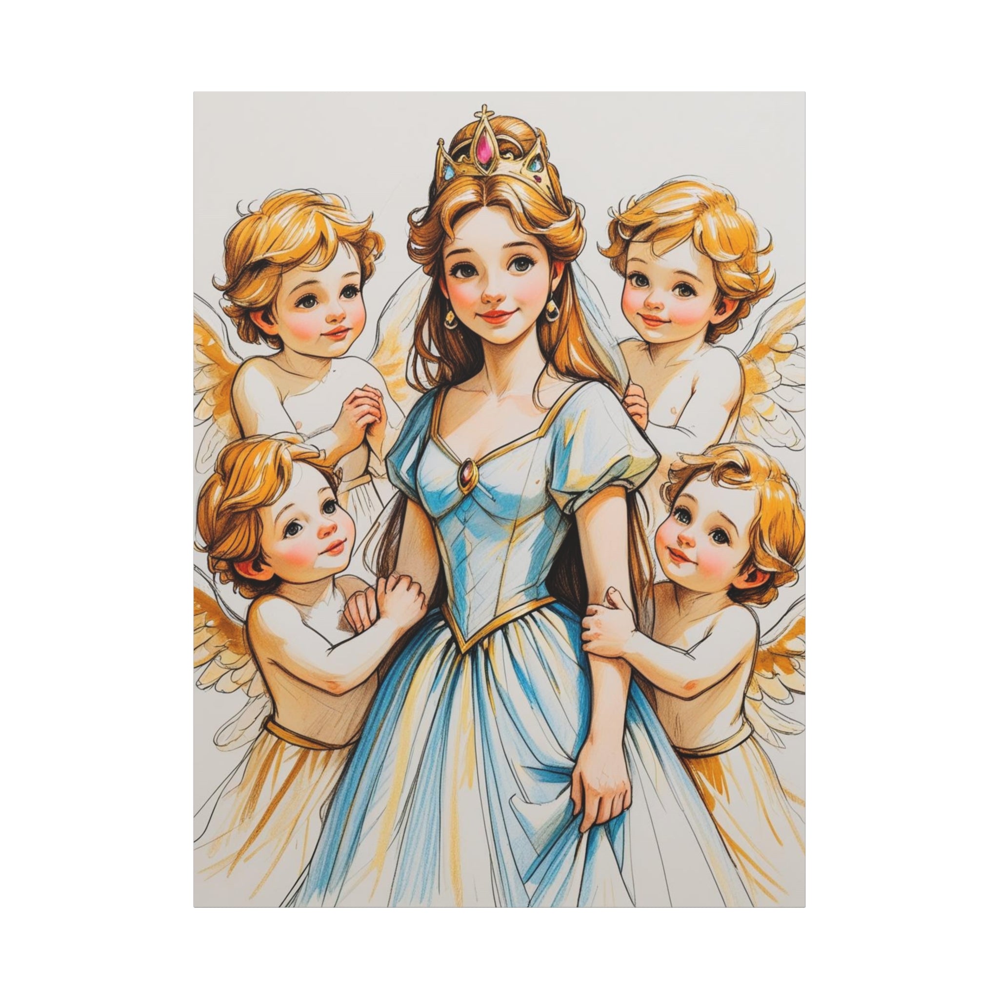 Prinzessin mit ein Seiden mehrfarbiges  blaues Kleid und kleine Engel in Mal Motiv in Großformat als Leinwand
