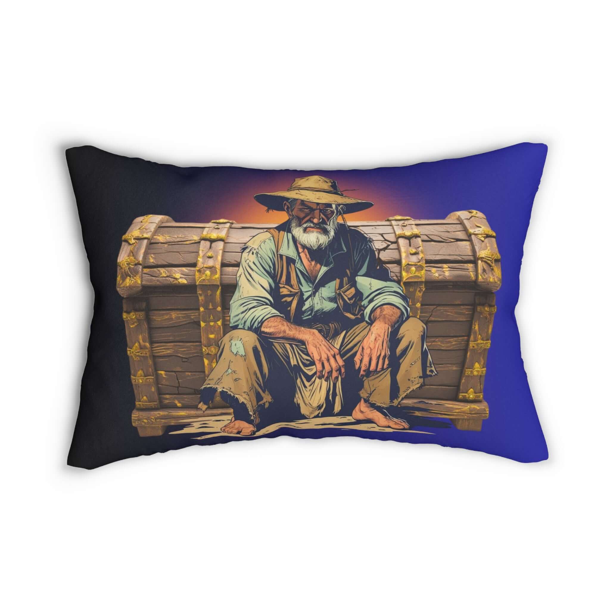 Lendenkissen Vintage Design zum Kuscheln with gold prospector and wooden chest print, 20x14 inches, earthy tones, deep indigo background