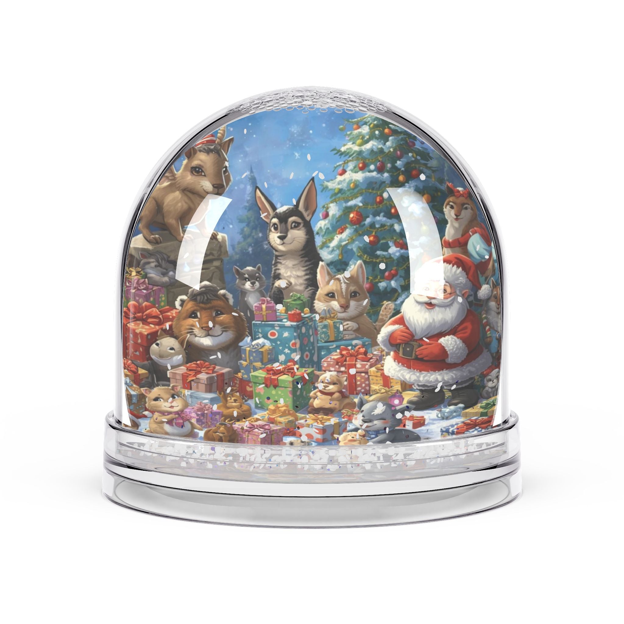 Festliche Schneekugel mit Weihnachtsmann und Tieren