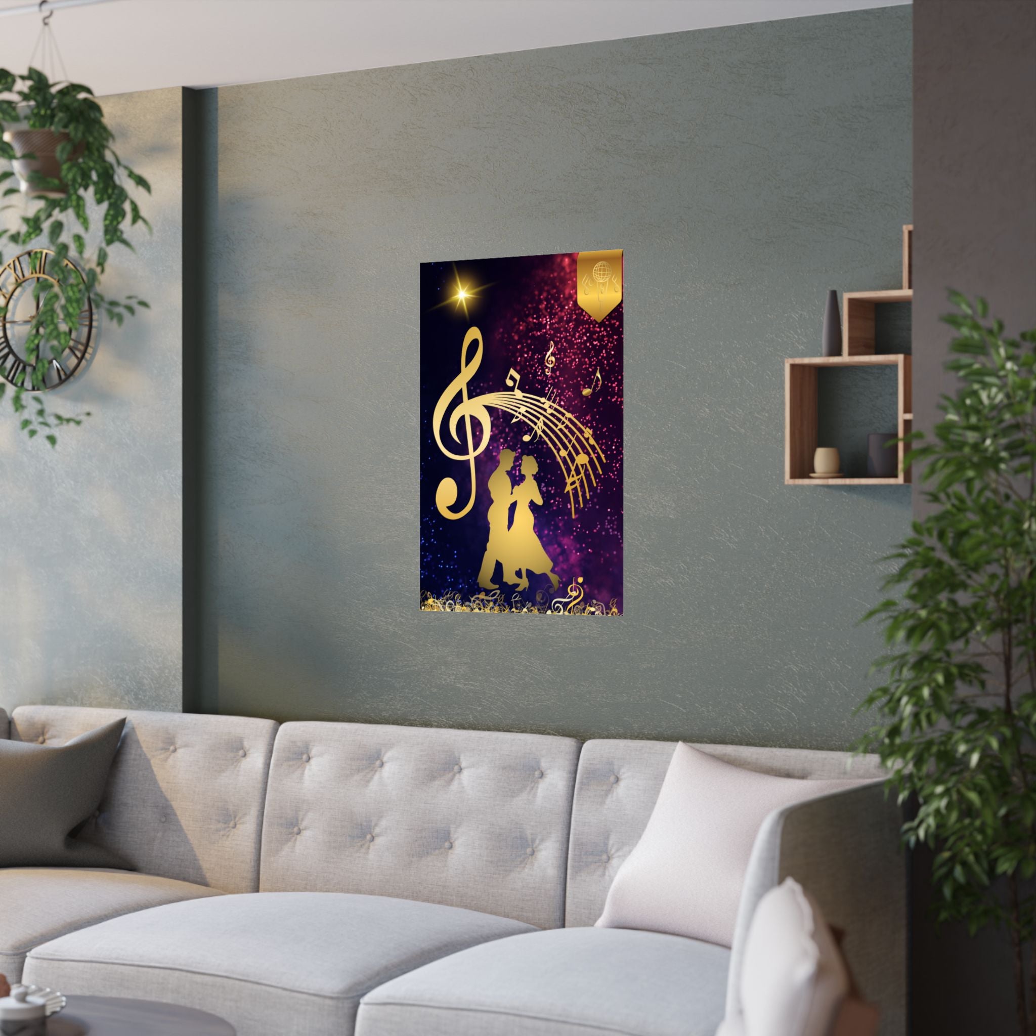 Elegantes Satin-Poster mit Musikthema, romantische Wandkunst mit Goldenes Design hängt über das