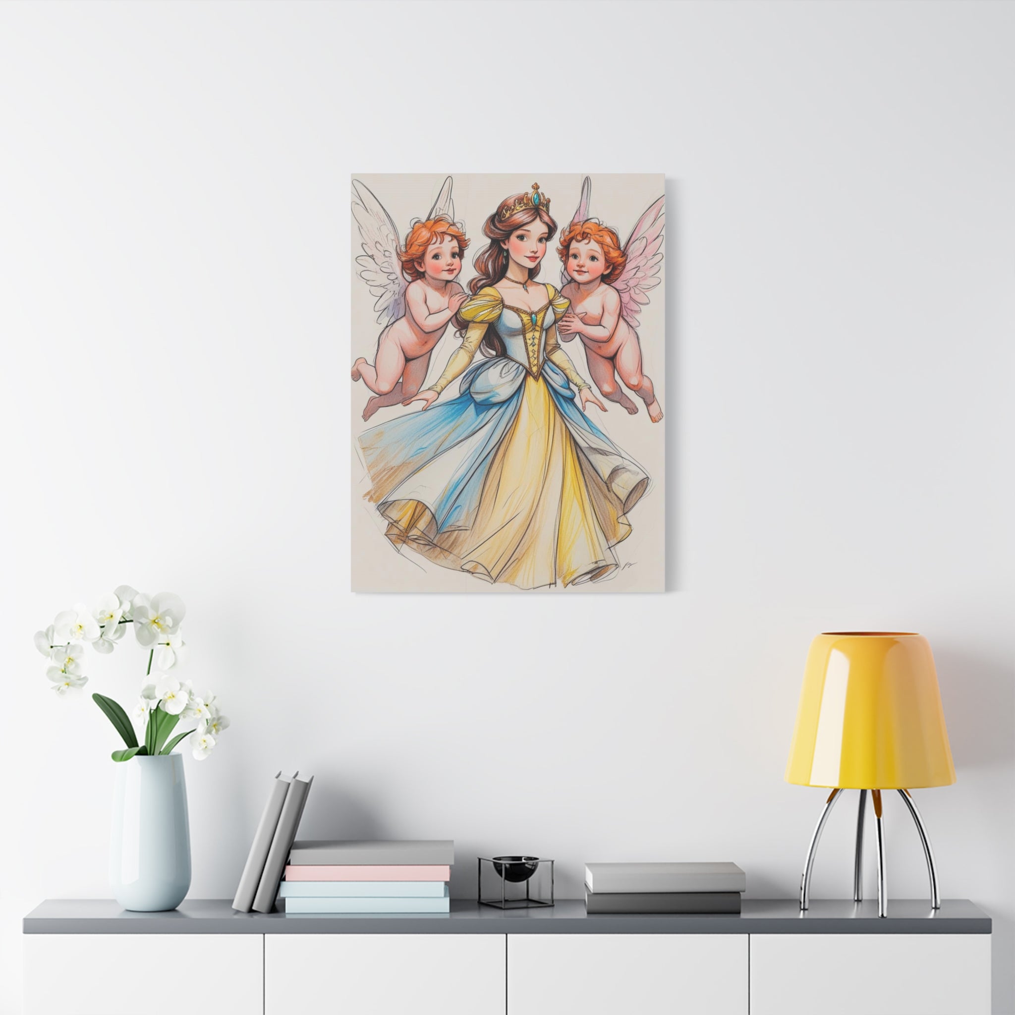 Prinzessin mit ein Seiden mehrfarbiges  Gelb  blaues Kleid und kleine Engel in Mal Motiv an die Wand