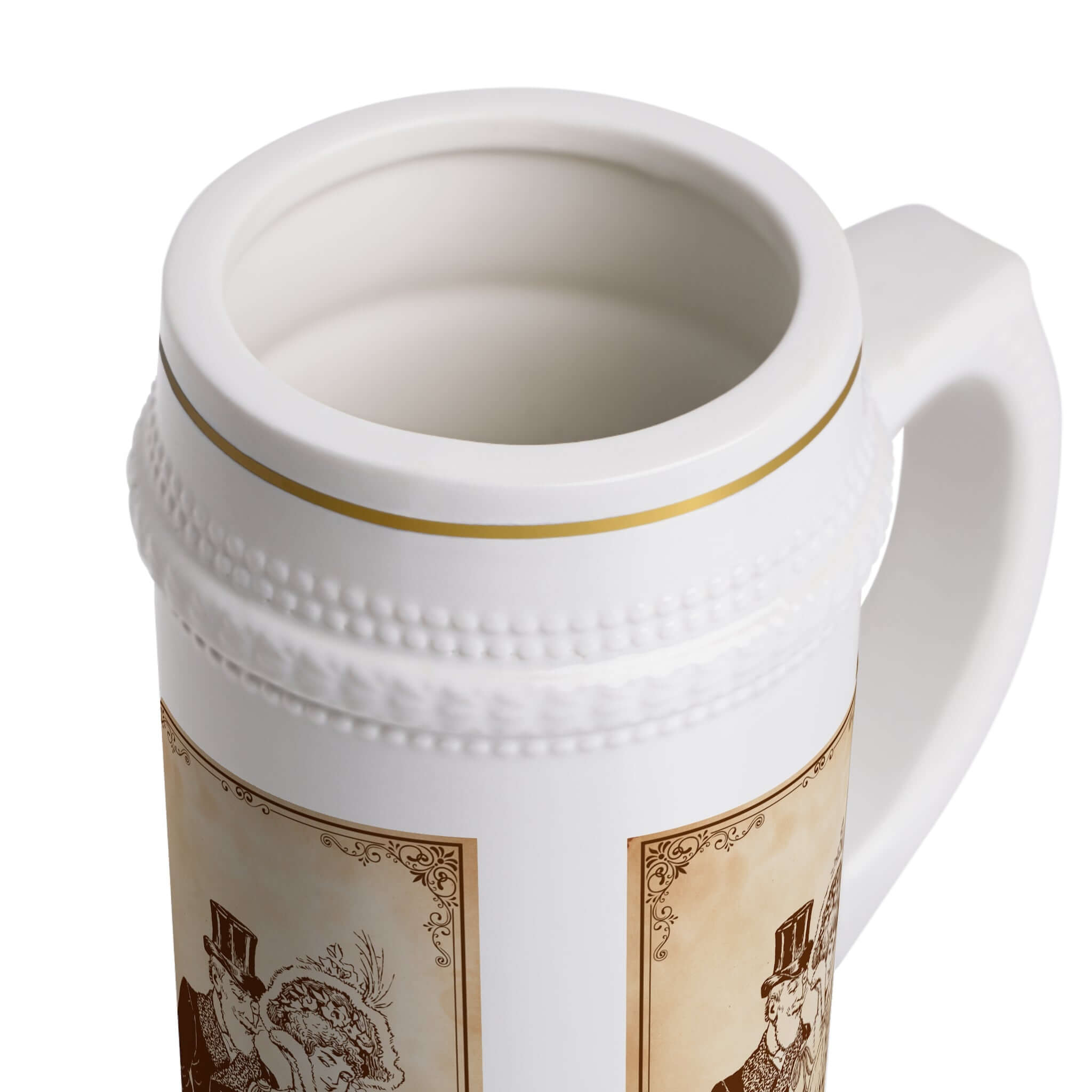 Bierkrug mit viktorianischem Pärchen Motiv, 650 ml; stilvoller Keramikkrug mit goldenen Verzierungen und sepiafarbenen Vintage-Illustrationen.