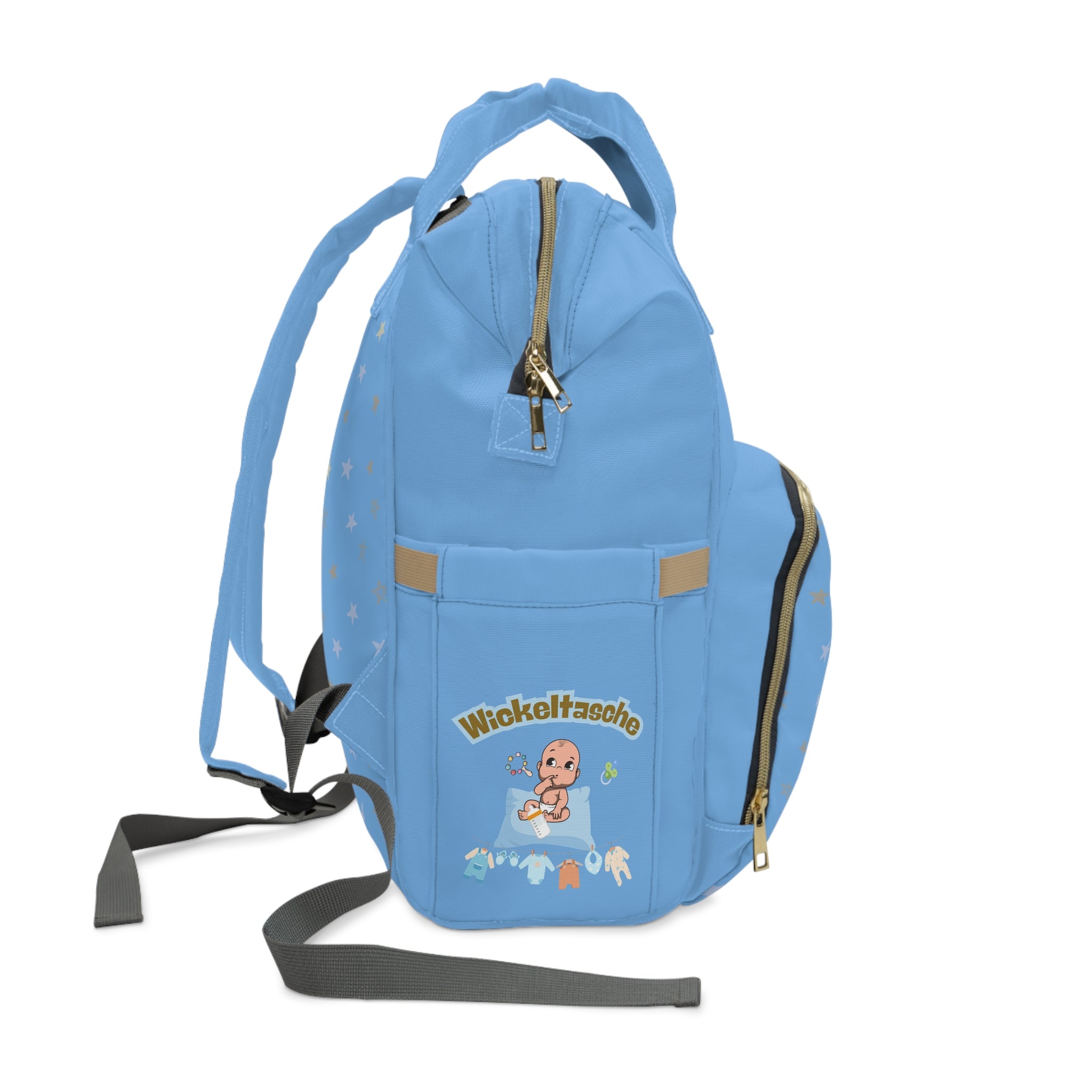 Stylischer multifunktionaler Wickelrucksack für trendige Eltern - Blau mit Sternen-Design seite