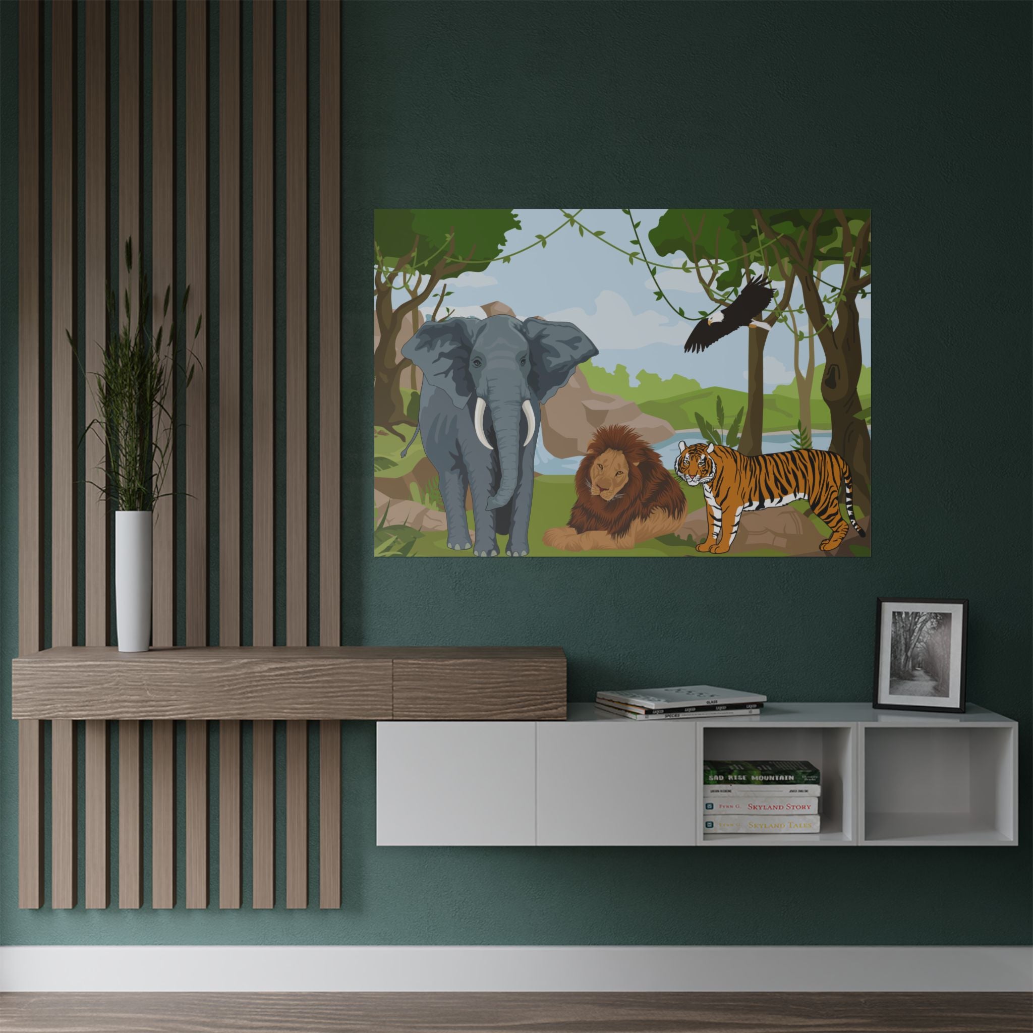 Wildlife Adventure Satin Poster, Dschungel Kunstdruck über eine Anrichte
